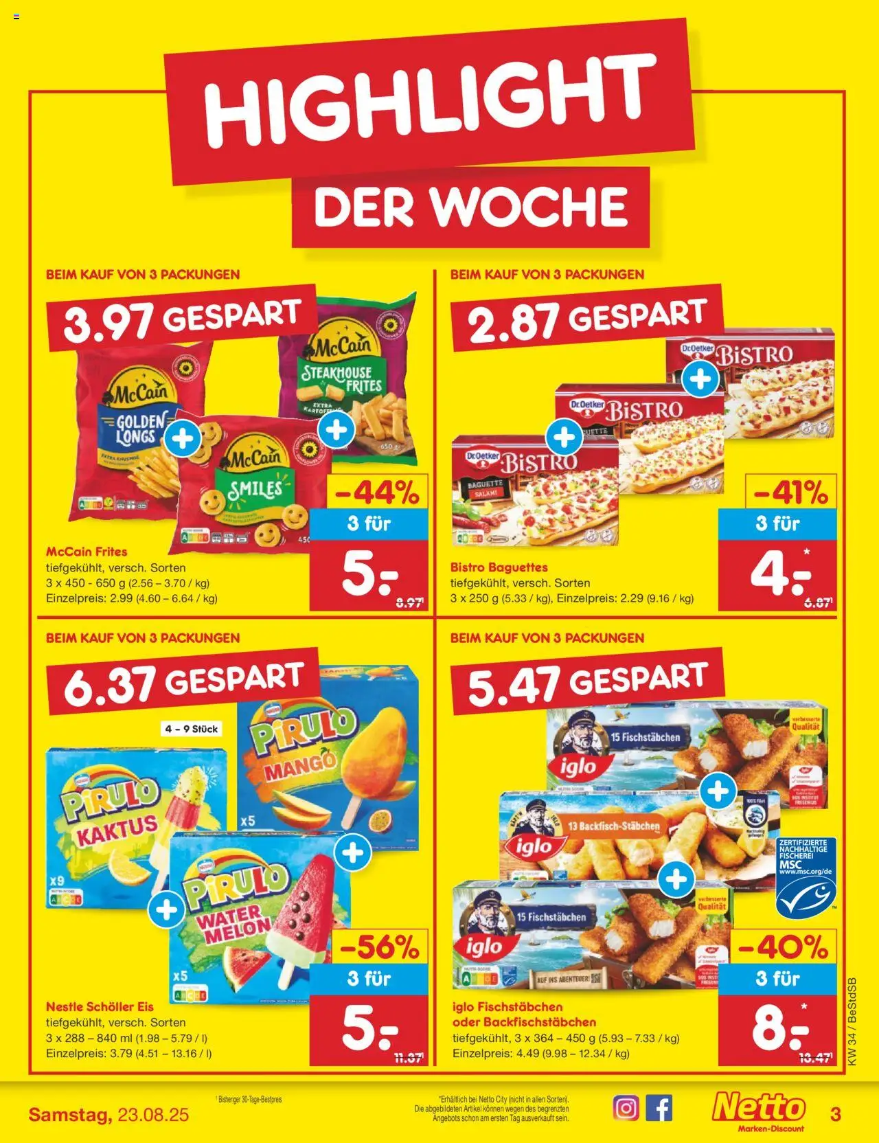 Netto Marken-Discount Prospekt 	 - gültig ab dem 18.08.2025 | Seite: 3 | Produkte: McCain, Fischstabchen, Salami, Eis