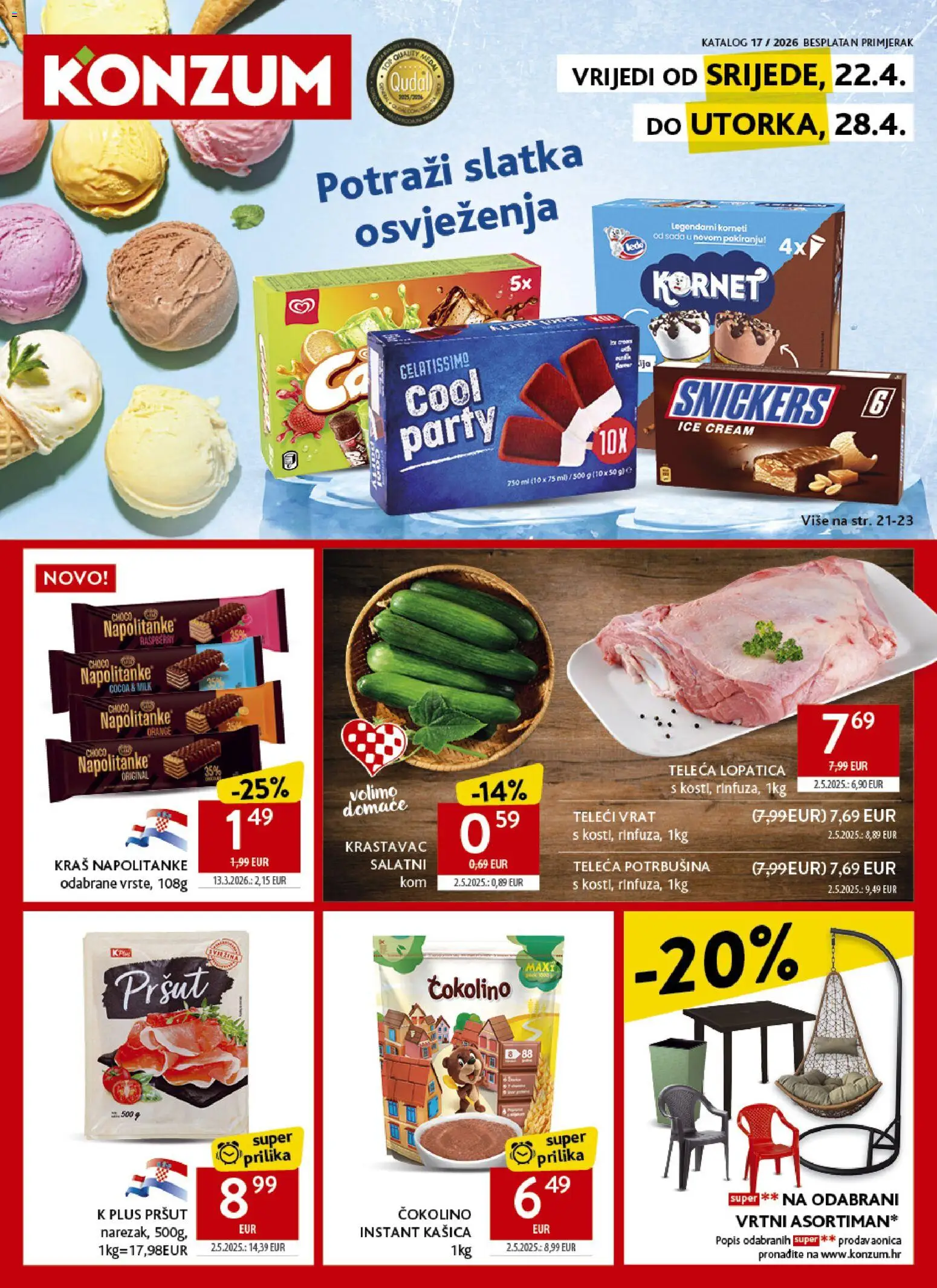 Konzum katalog | vrijedi od 22.04.2026 | Stranica: 1 | Proizvodi: Snickers, Pršut, Kornet, Čokolino