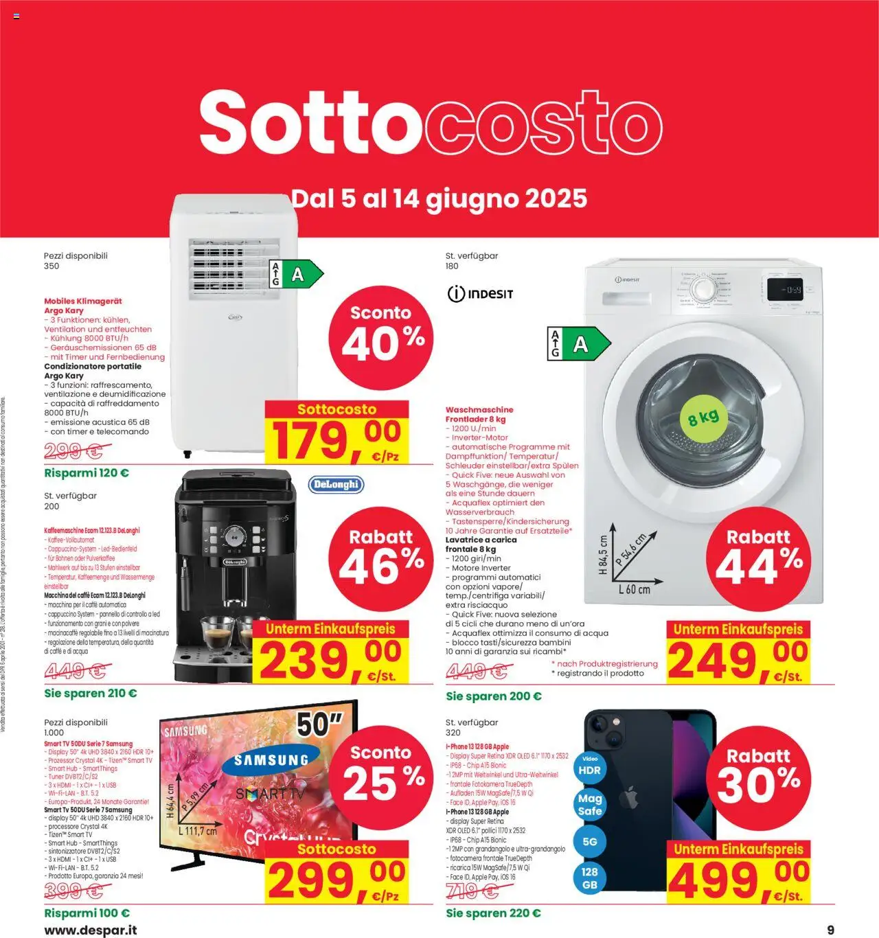 Volantino Interspar del 05.06.2025 | Pagina: 9 | Prodotti: Lavatrice, TV, Macchina per il caffè, Condizionatore portatile