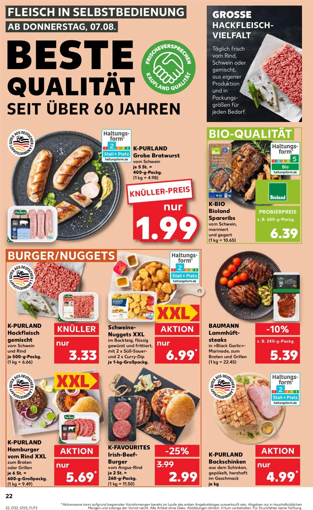 Kaufland prospekt Hamburg	 - gültig ab dem 07.08.2025 | Seite: 22 | Produkte: Bratwurst, Burger, Fleisch, Hackfleisch