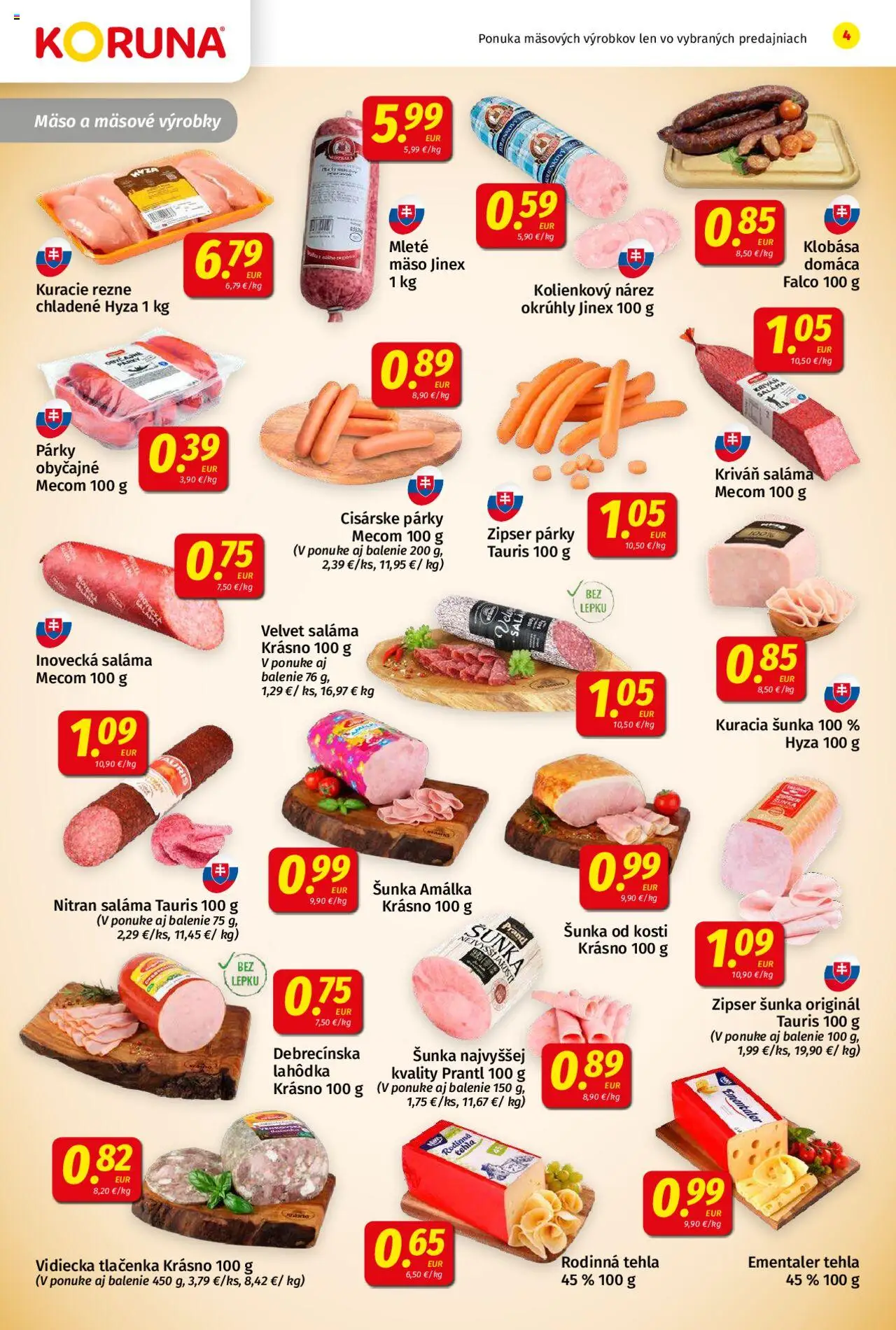 Nové Koruna akcie – leták je platný od 10.10.2025 | Strana: 4 | Produkty: Saláma, Šunka, Klobása, Párky