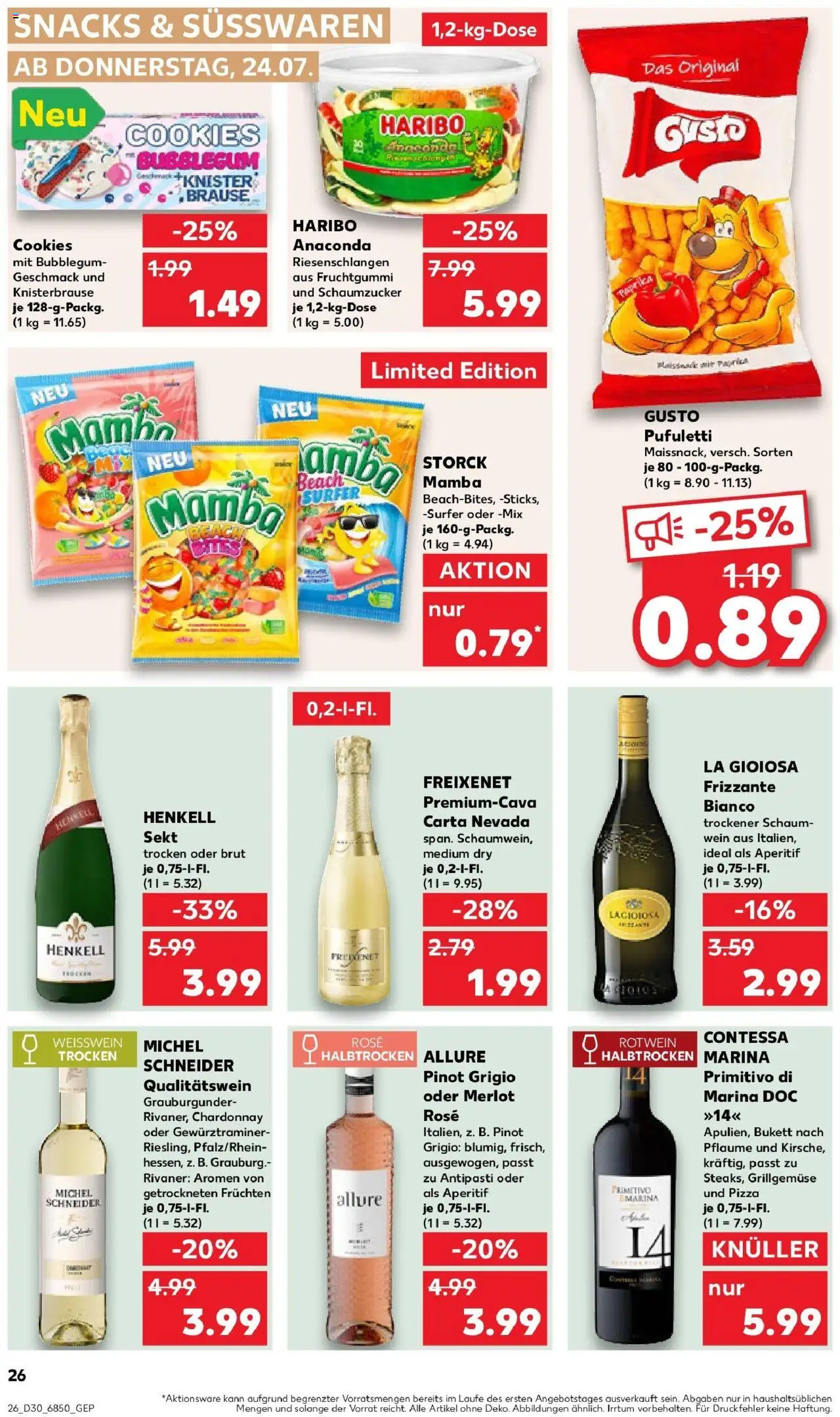 Kaufland prospekt Sinsheim	 - gültig ab dem 24.07.2025 | Seite: 26 | Produkte: Haribo, Freixenet, Merlot, Pizza