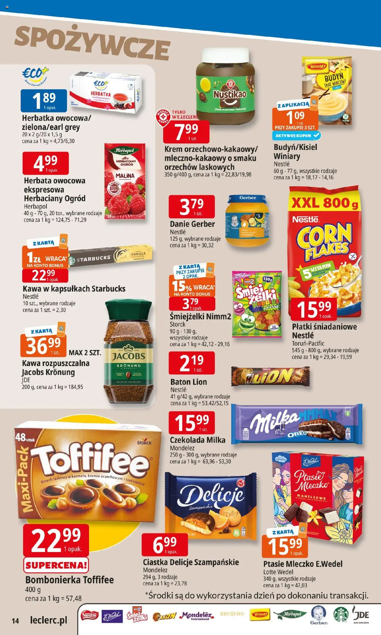 E.Leclerc Gazetka od 11.08.2025 | Strona: 14 | Produkty: Bombonierka, Baton, Ptasie mleczko, Kawa