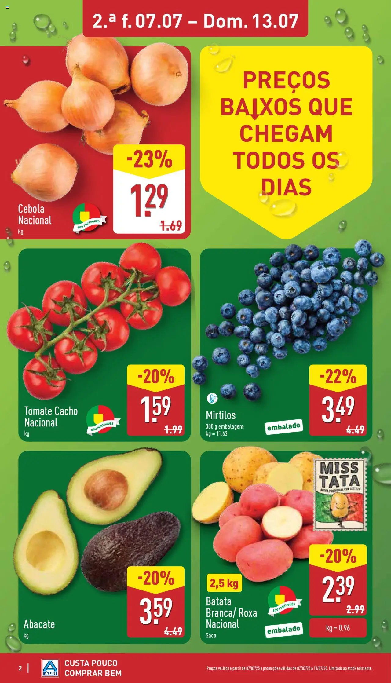 Aldi folheto │ válido de 07.07.2025 | Página: 2 | Produtos: Batata, Cebola, Abacate, Tomate