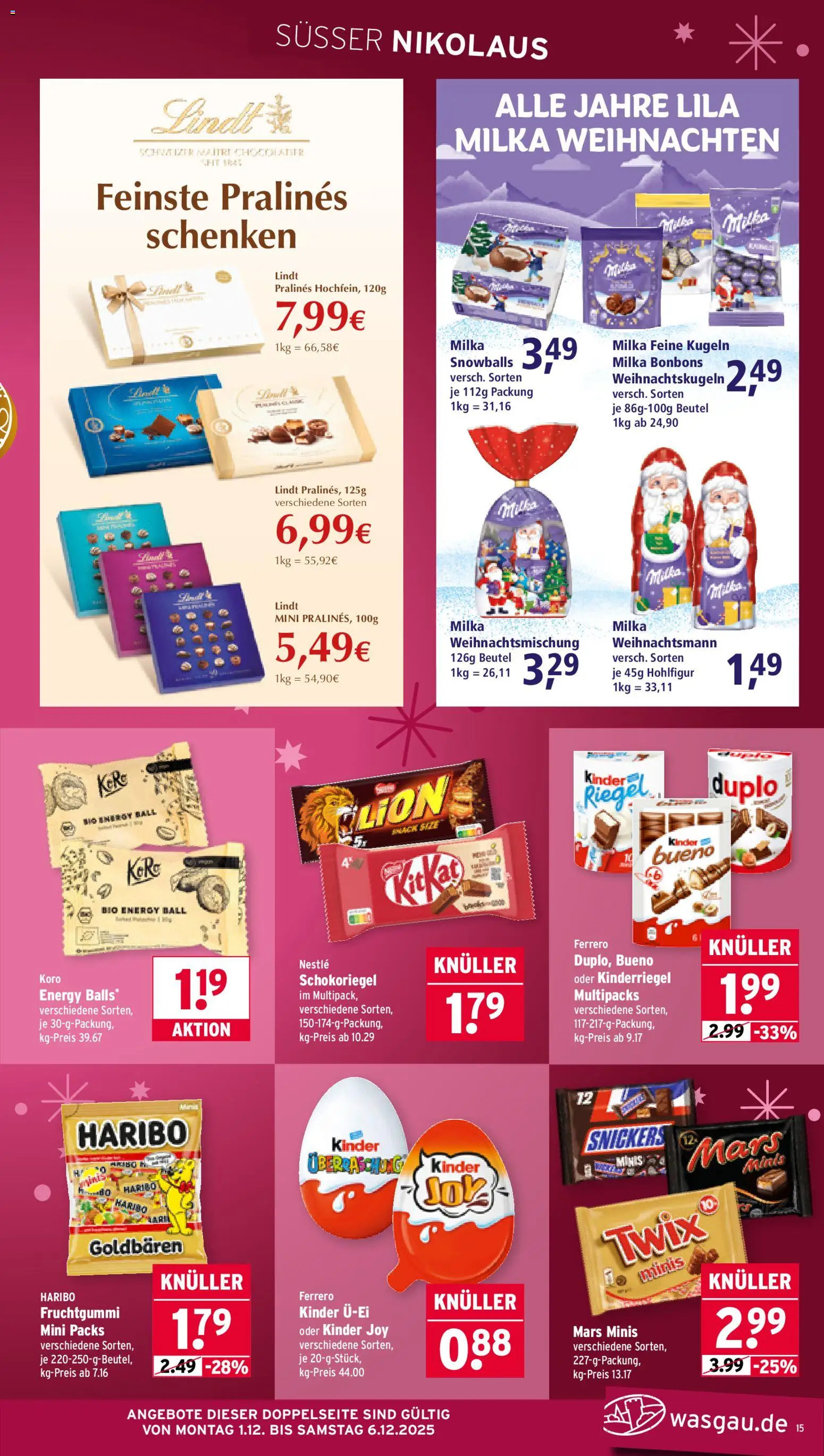 Wasgau Prospekt 	 – gültig ab 01.12.2025 | Seite: 15 | Produkte: Energy, Kinder bueno, Kinder joy, Lindt