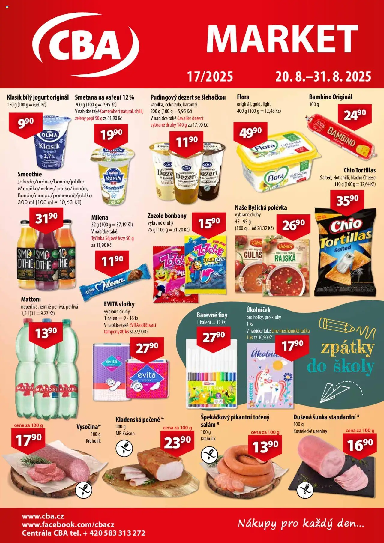 CBA leták - Market od 20.08.2025 | Strana: 1 | Produkty: Mattoni, Smoothie, Bílý jogurt, Flora