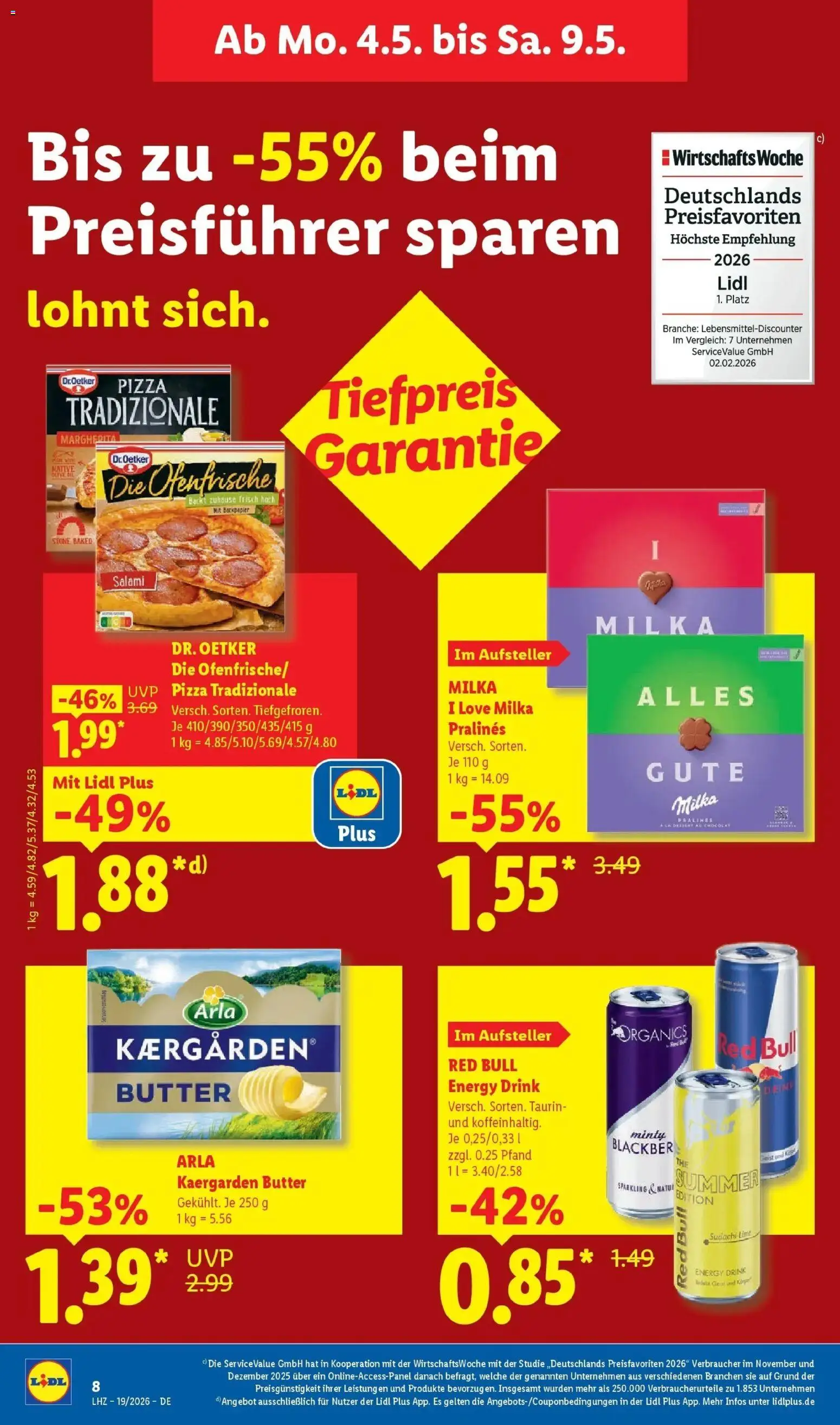 Lidl Německo leták od 04.05.2026 | Strana: 18 | Produkty: Milka, Pizza, Red Bull, Energy drink