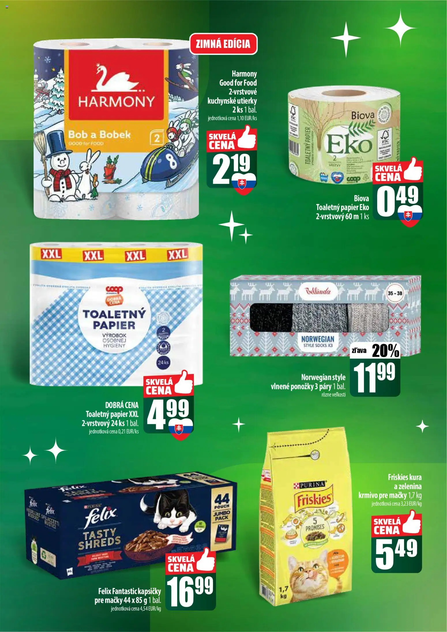 Nové COOP Jednota akcie – leták je platný od 18.12.2025 | Strana: 63 | Produkty: Felix, Friskies, Toaletný papier, Ponožky