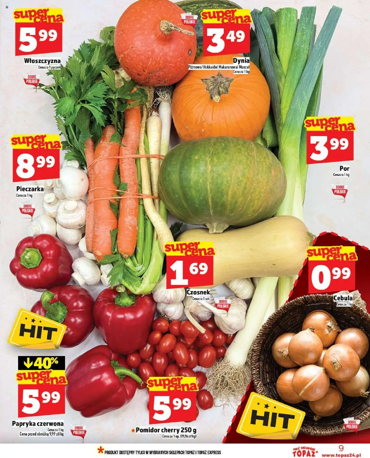 Topaz Gazetka MAZ od 09.10.2025 | Strona: 9 | Produkty: Czosnek, Papryka, Pomidor cherry, Papryka czerwona
