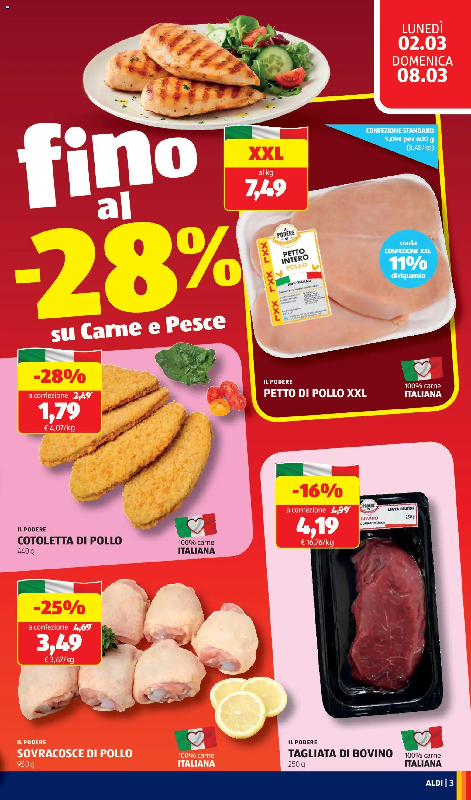 Volantino Aldi del 02.03.2026 | Pagina: 3 | Prodotti: Bovino, Petto di Pollo, Pollo, Pesce