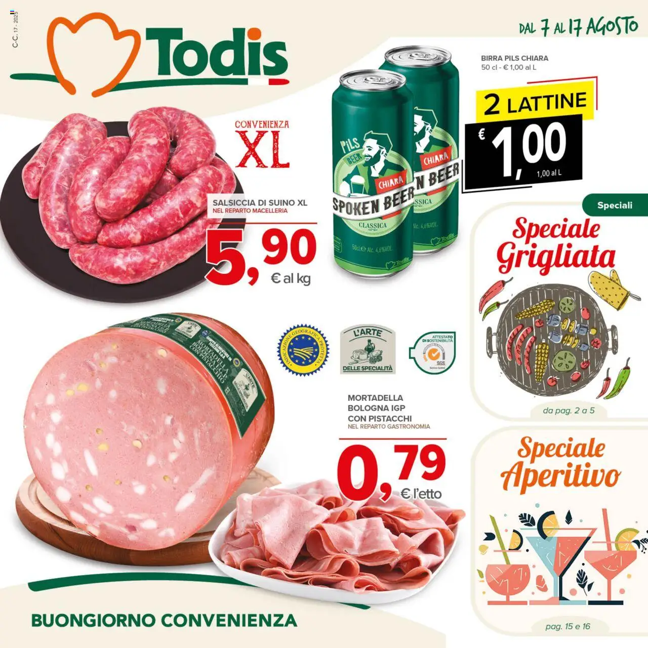 Volantino Todis del 07.08.2025 | Pagina: 1 | Prodotti: Suino, Salsiccia, Mortadella, Aperitivo