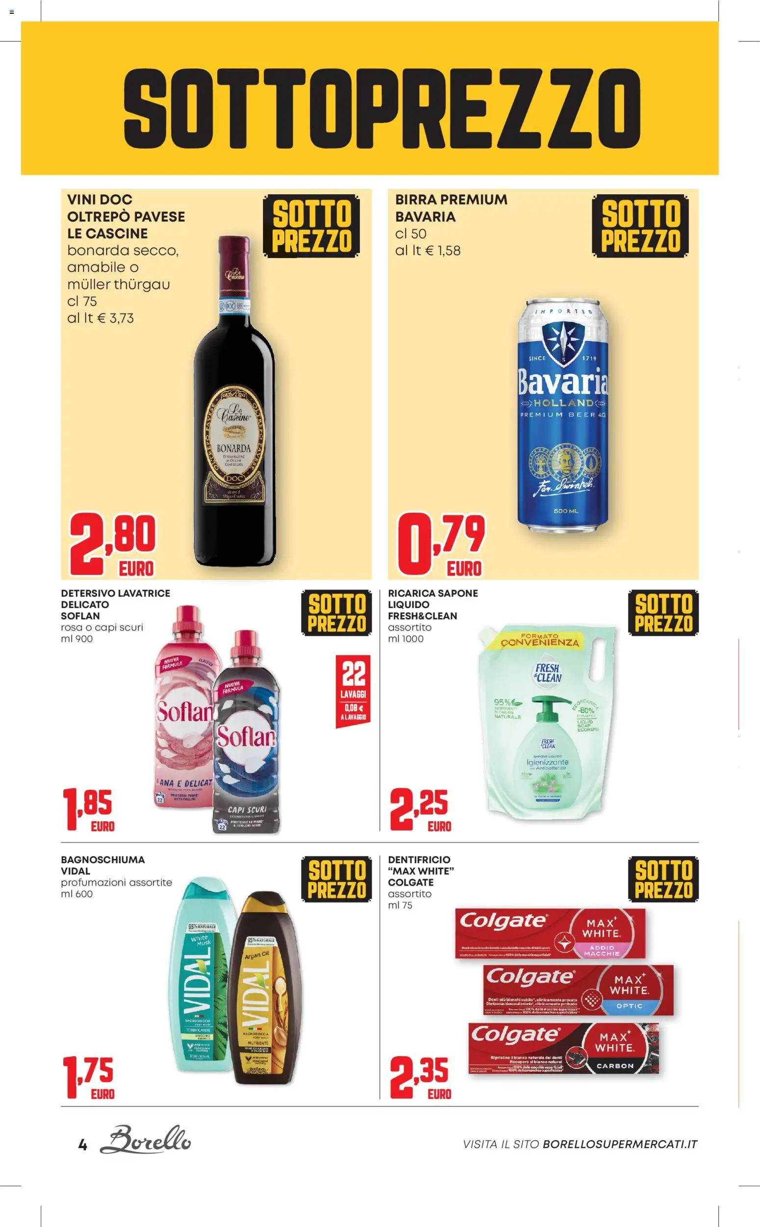 Volantino Borello Supermercati del 20.11.2025 | Pagina: 4 | Prodotti: Dentifricio, Birra, Lavatrice, Doccia