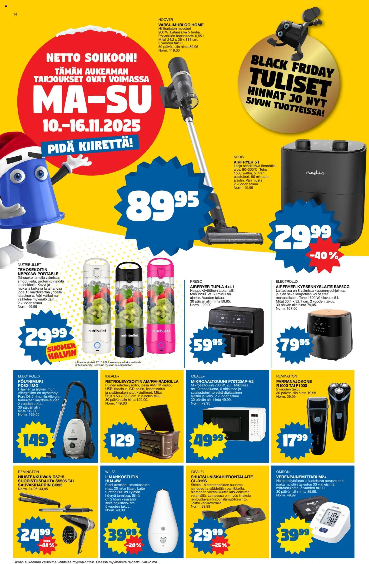 Tokmanni - Black Friday – voimassa 10.11.2025 alkaen | Sivu: 14 | Tuotteet: Mikroaaltouuni, Parranajokone, Varsi-imuri, Tehosekoitin