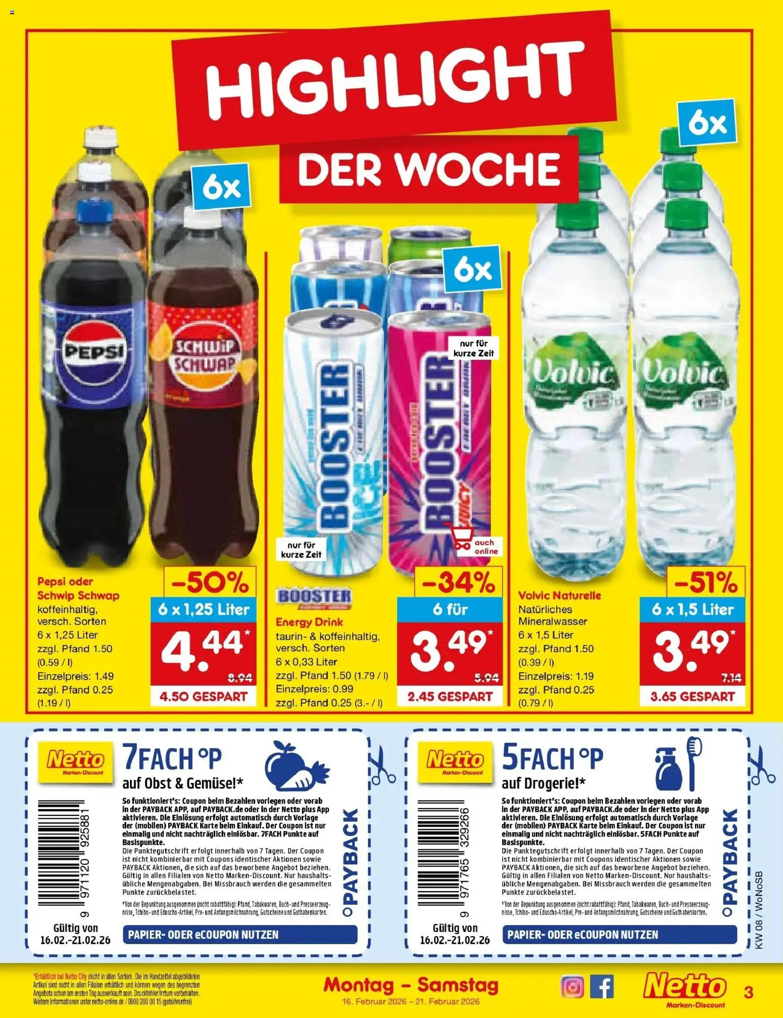 Netto Marken-Discount prospekt Friedrichsdorf	 – gültig ab 16.02.2026 | Seite: 3 | Produkte: Schwip schwap, Mineralwasser, Obst, Pepsi