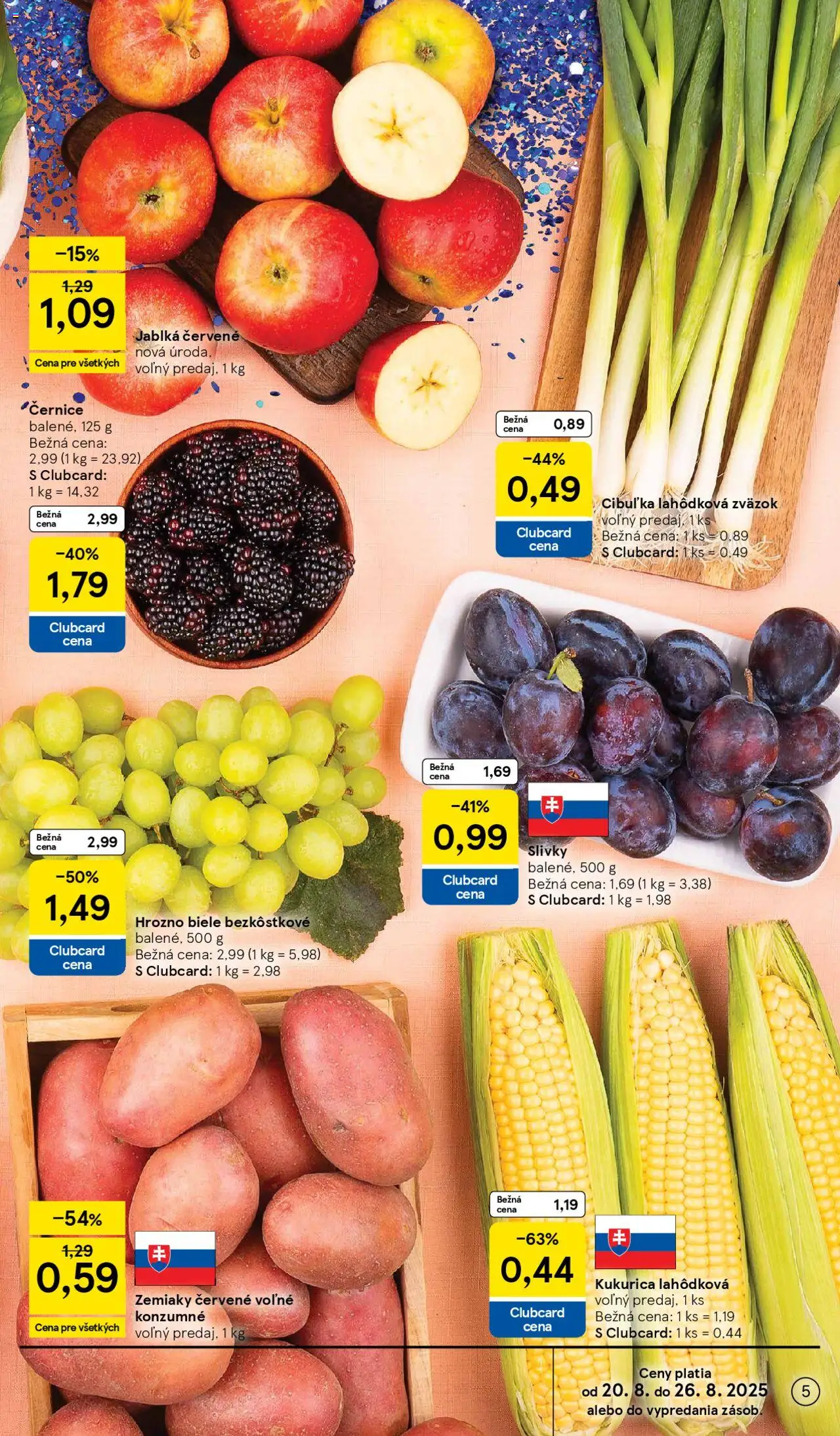 Tesco Supermarket - leták │ platný od 20.08.2025 | Strana: 5 | Produkty: Apple, Zemiaky, Kukurica, Slivky