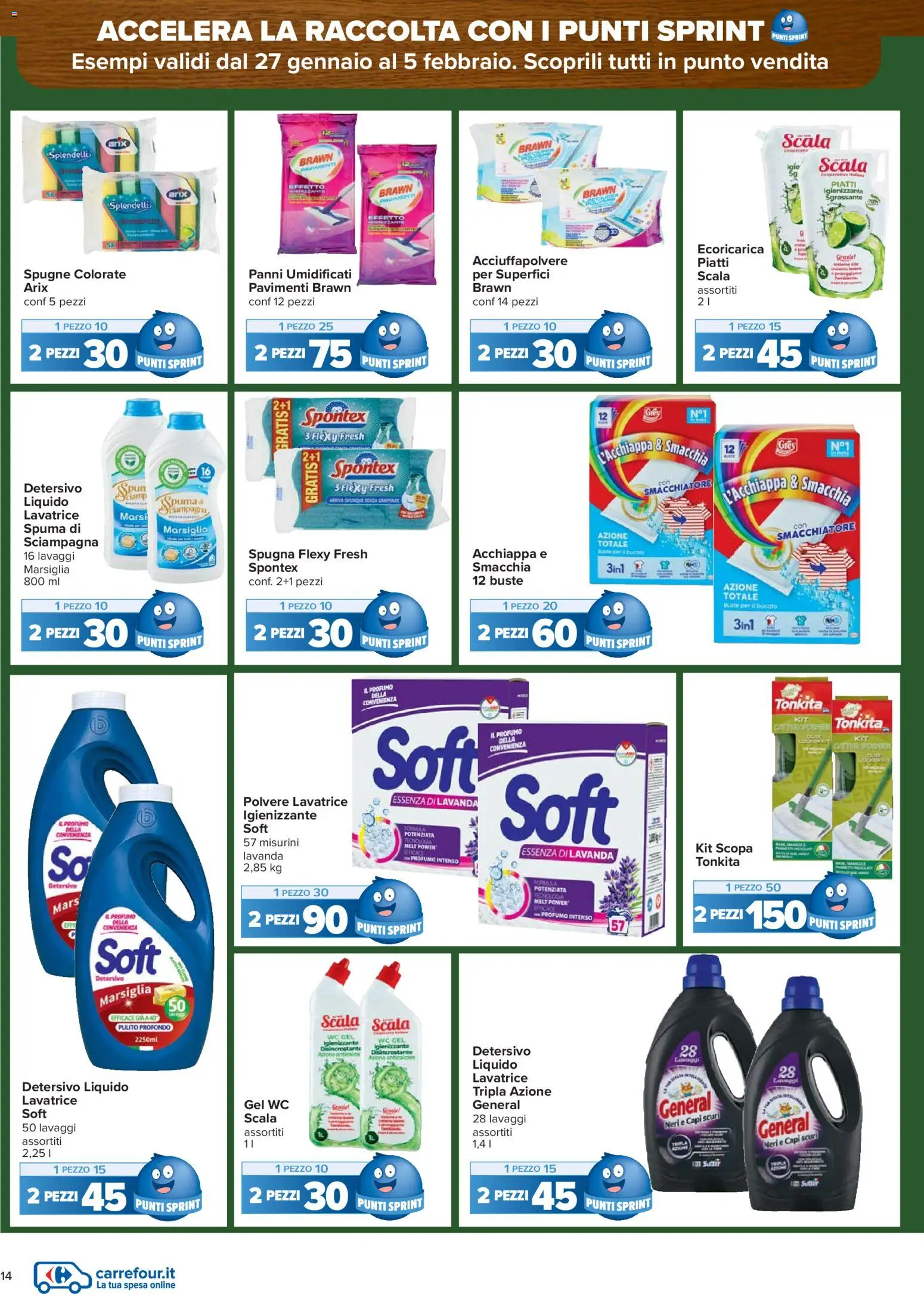 Volantino Carrefour del 27.01.2026 | Pagina: 14 | Prodotti: Spugna, Lavatrice, WC, Profumo
