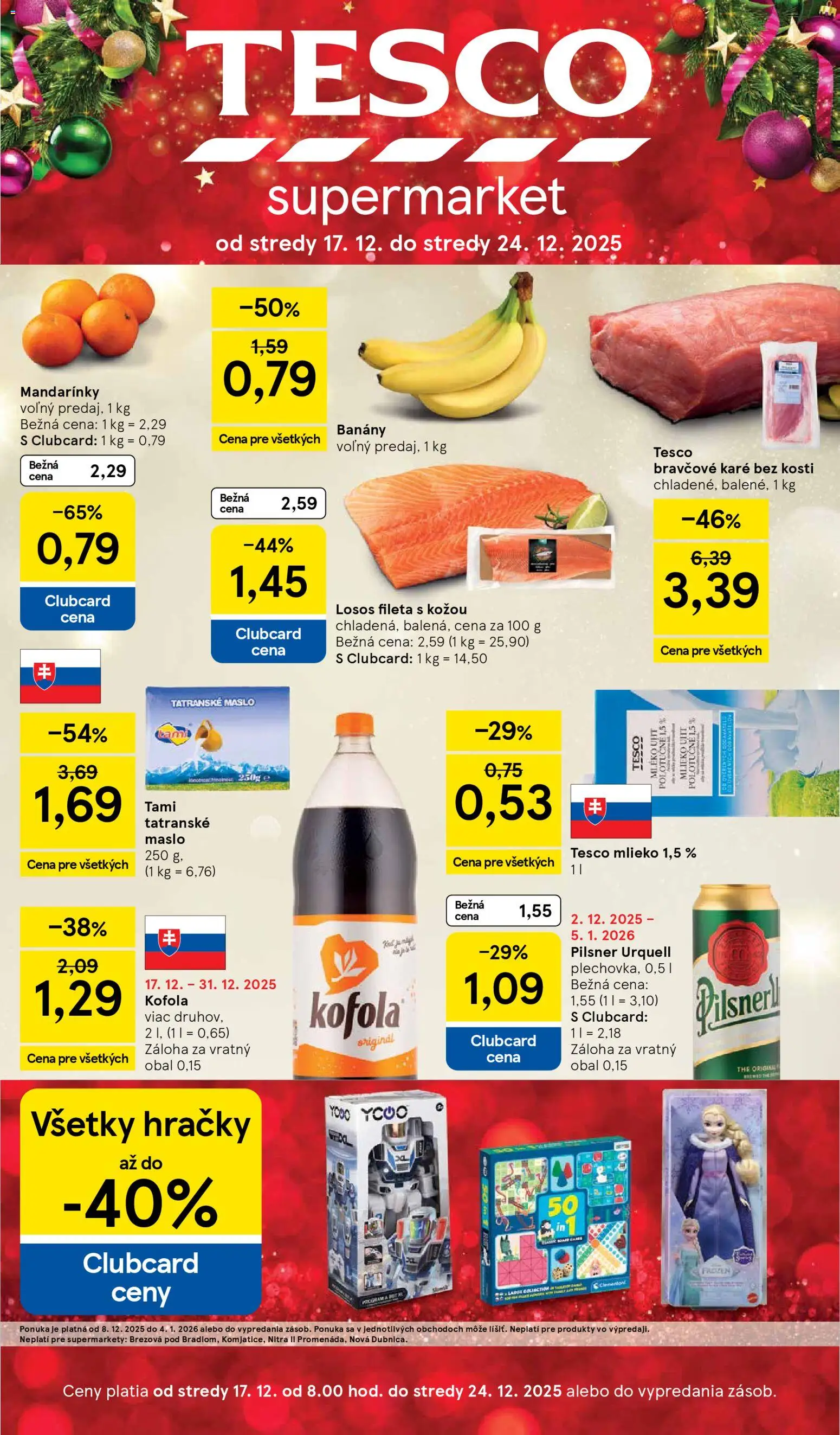 Nové Tesco akcie – leták je platný od 17.12.2025 | Strana: 1 | Produkty: Mlieko, Pilsner Urquell, Mandarinky, Tatranské maslo