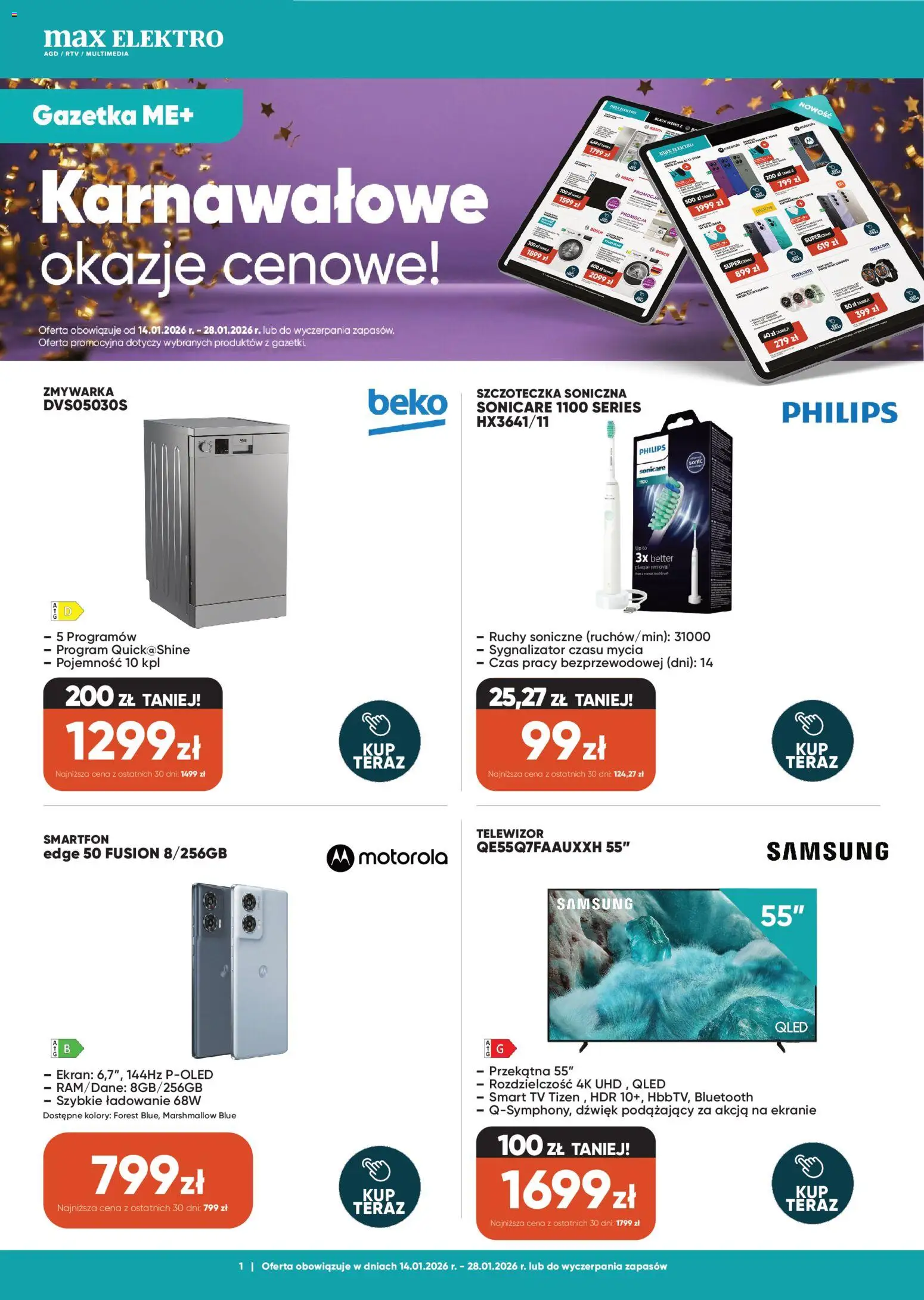 Max elektro Gazetka od 14.01.2026 | Strona: 1 | Produkty: Smartfon, Telewizor, Zmywarka, Szczoteczka soniczna