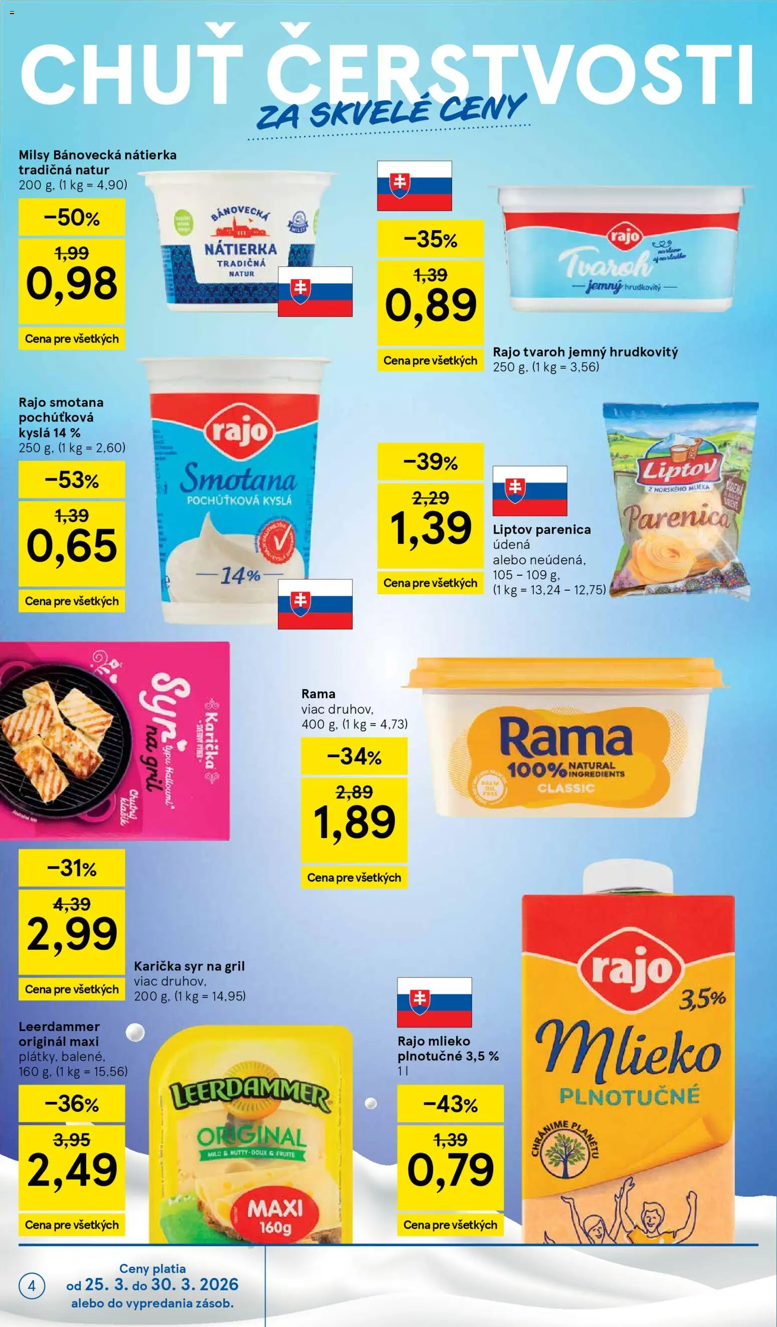 Nové Tesco akcie – leták je platný od 25.03.2026 | Strana: 4 | Produkty: Gril, Tvaroh, Rama