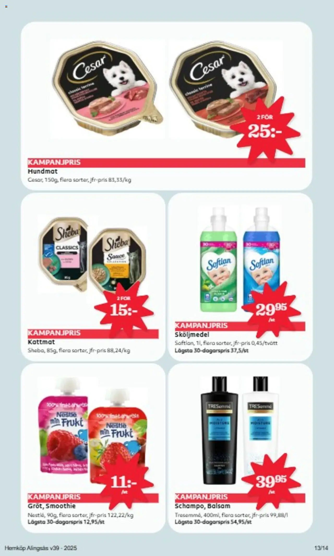 Hemköp reklamblad aktuell från 22.09.2025 | Sida: 13 | Produkter: Balsam, Sköljmedel, Kattmat, Hundmat