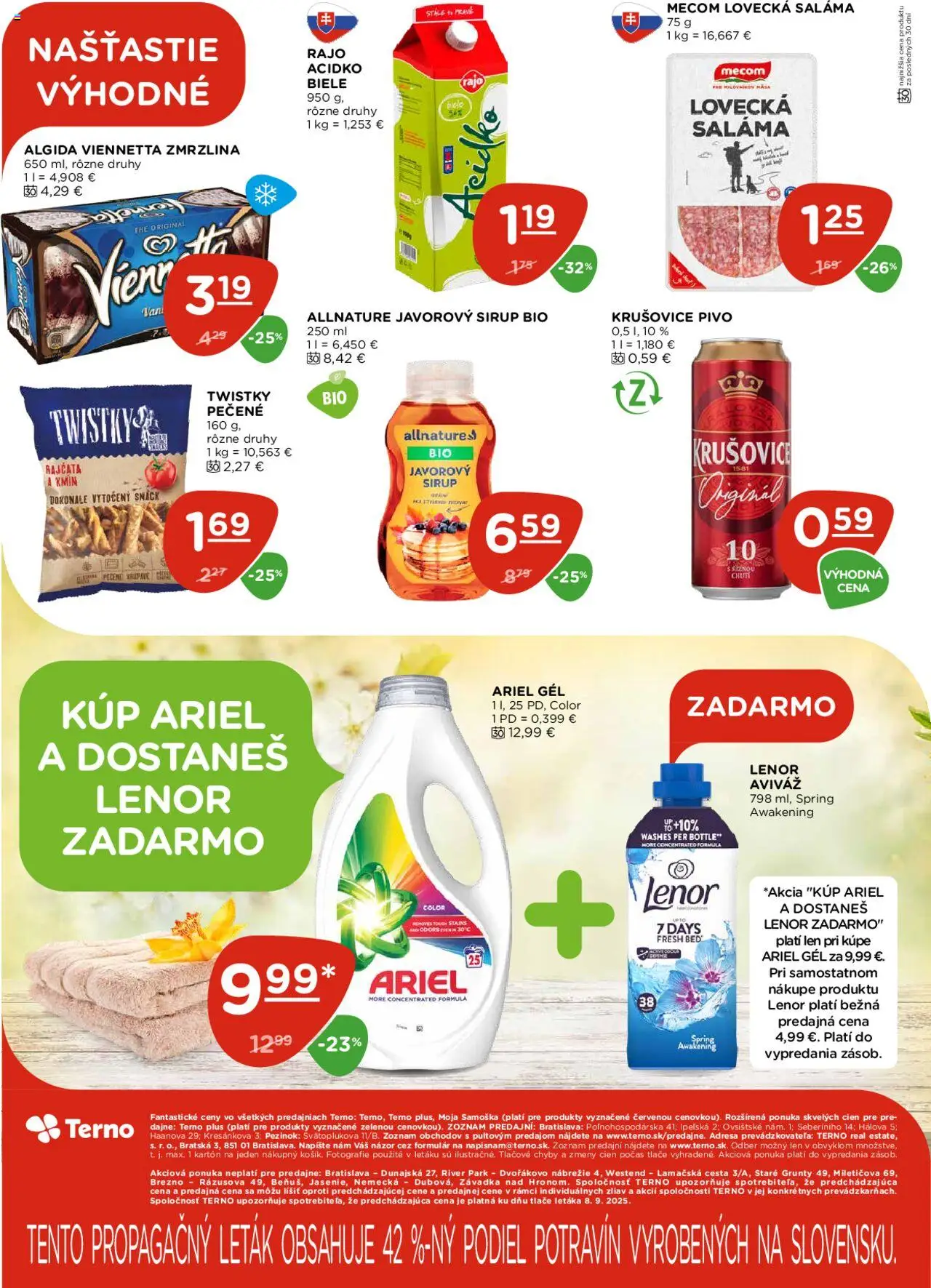 Nové Terno akcie – leták je platný od 18.09.2025 | Strana: 22 | Produkty: Pivo, Javorový sirup, Aviváž, Lenor