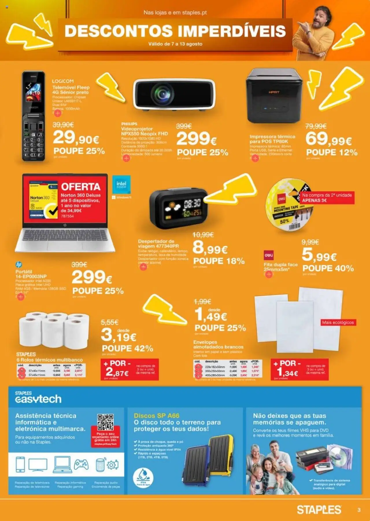 Staples folheto │ válido de 07.08.2025 | Página: 3 | Produtos: Agua, Impressora, Despertador, Telemóvel