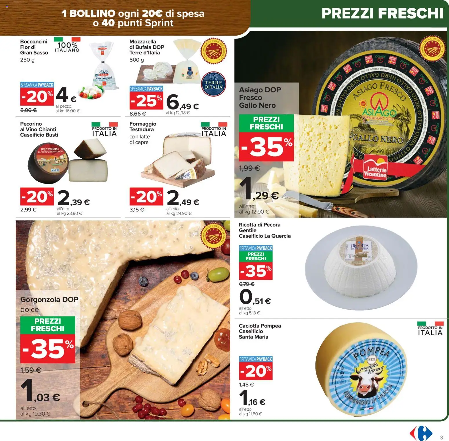 Volantino Carrefour del 02.03.2026 | Pagina: 3 | Prodotti: Mozzarella, Latte, Gorgonzola, Pecorino