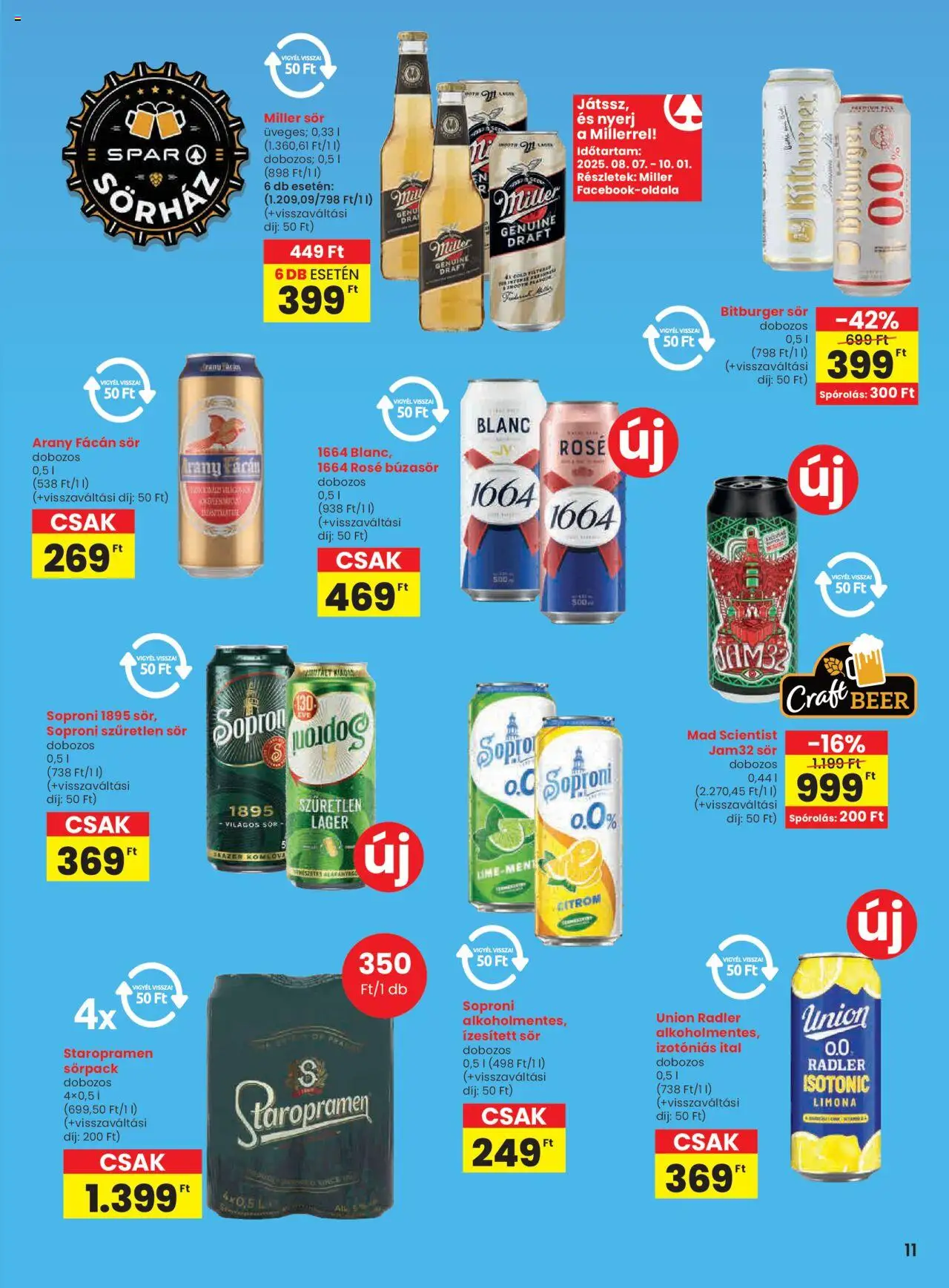 Spar akciós ujság - amely érvényes a következő dátumtól: 07.08.2025 | Oldal: 11 | Termékek: Miller sör, Radler, Sör, Izotóniás ital