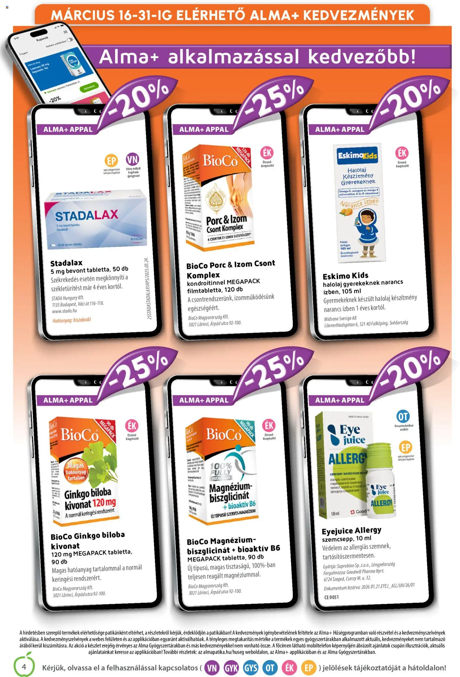 Alma Gyógyszertárak akciós ujság - amely érvényes a következő dátumtól: 01.03.2026 | Oldal: 4 | Termékek: Ginkgo biloba, Alma, Narancs