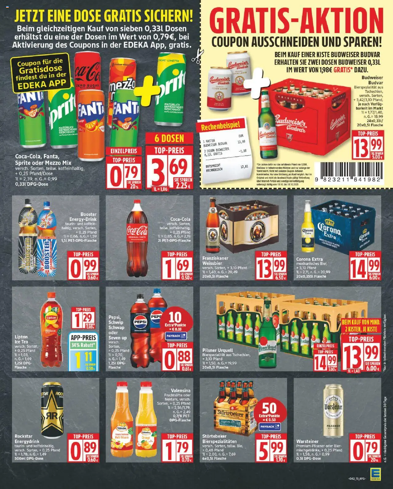 Edeka Prospekt 	 – gültig ab 13.10.2025 | Seite: 13 | Produkte: Fanta, Schwip schwap, Valensina, Budweiser