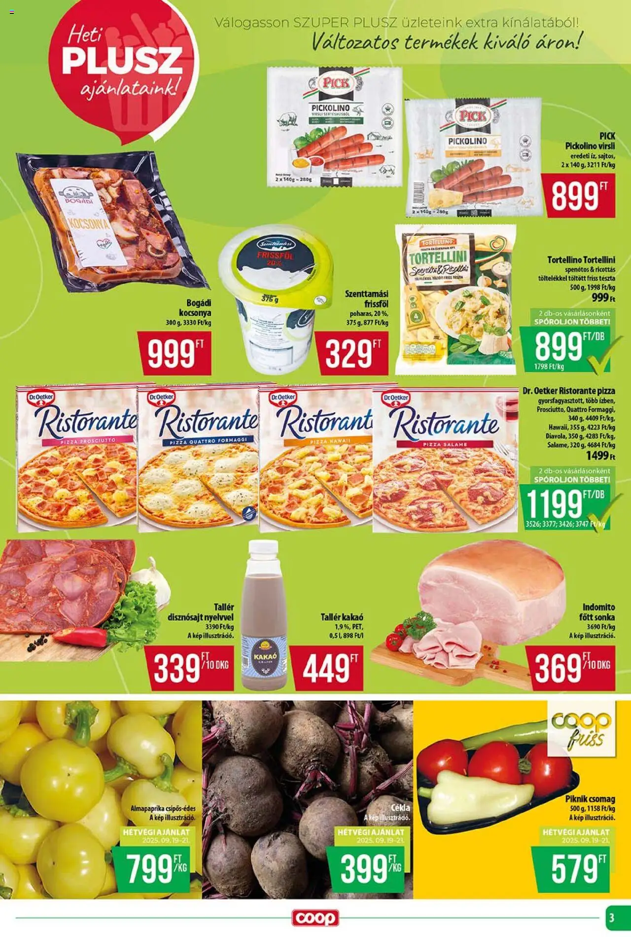 COOP akciós ujság - amely érvényes a következő dátumtól: 18.09.2025 | Oldal: 3 | Termékek: Pick, Tortellini, Pizza, Tészta