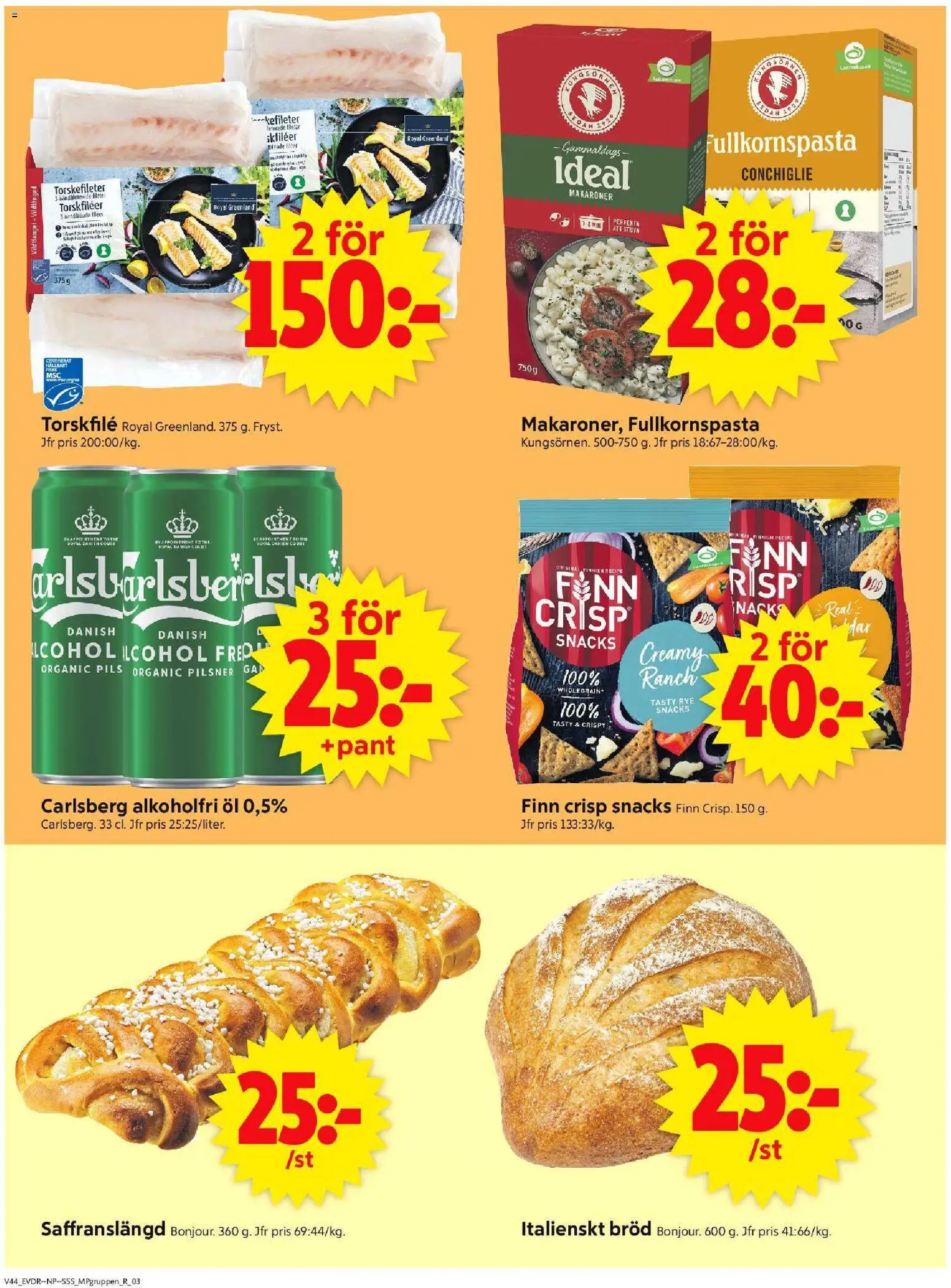 ICA Supermarket reklamblad aktuell från 27.10.2025 | Sida: 12 | Produkter: Torskfile, Makaroner, Bröd, Öl