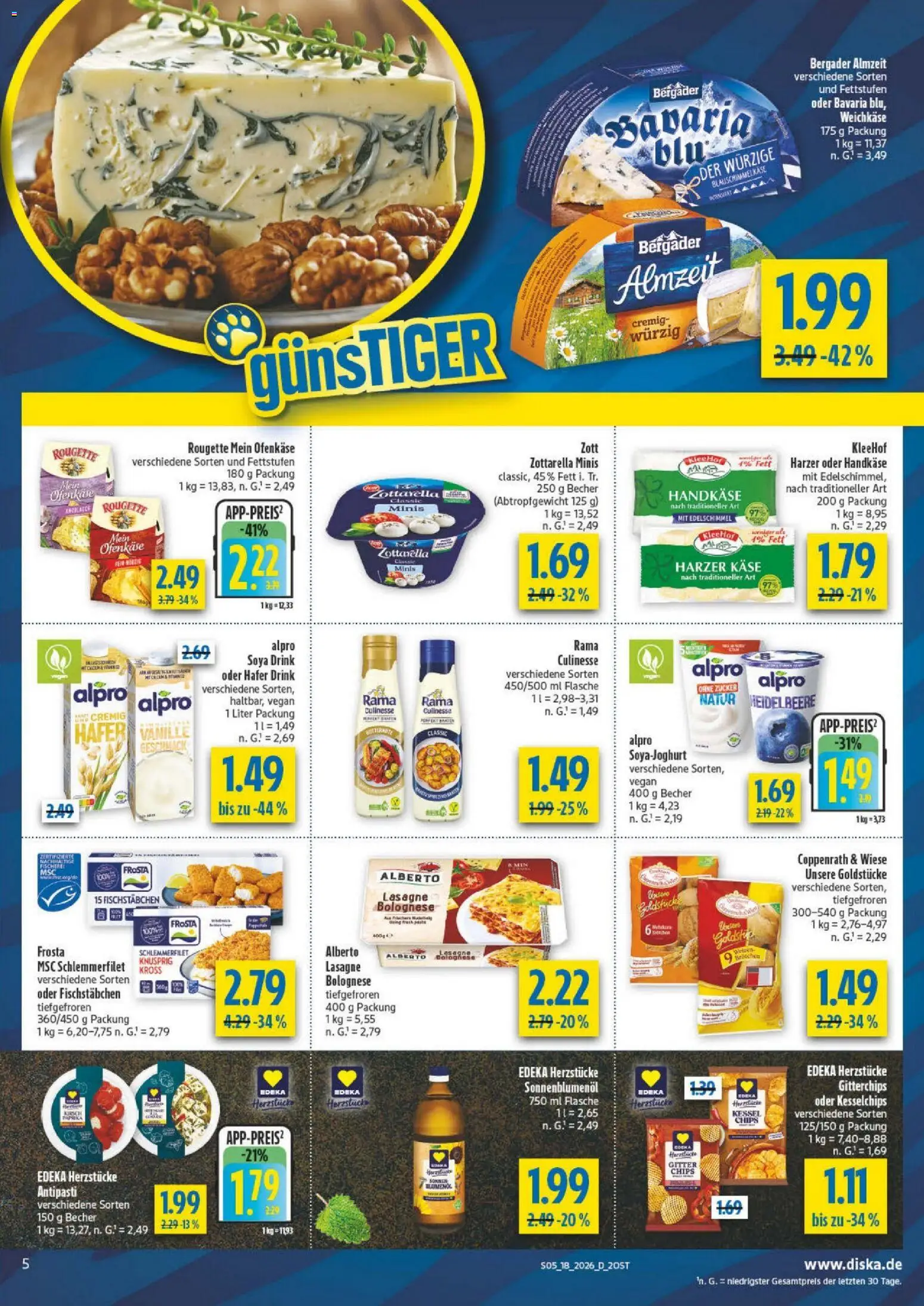 Diska - Diska Angebote Sachsen-Thüringen KW18 – gültig ab 27.04.2026 | Seite: 5 | Produkte: Käse, Sonnenblumenol, Alpro, Fischstabchen