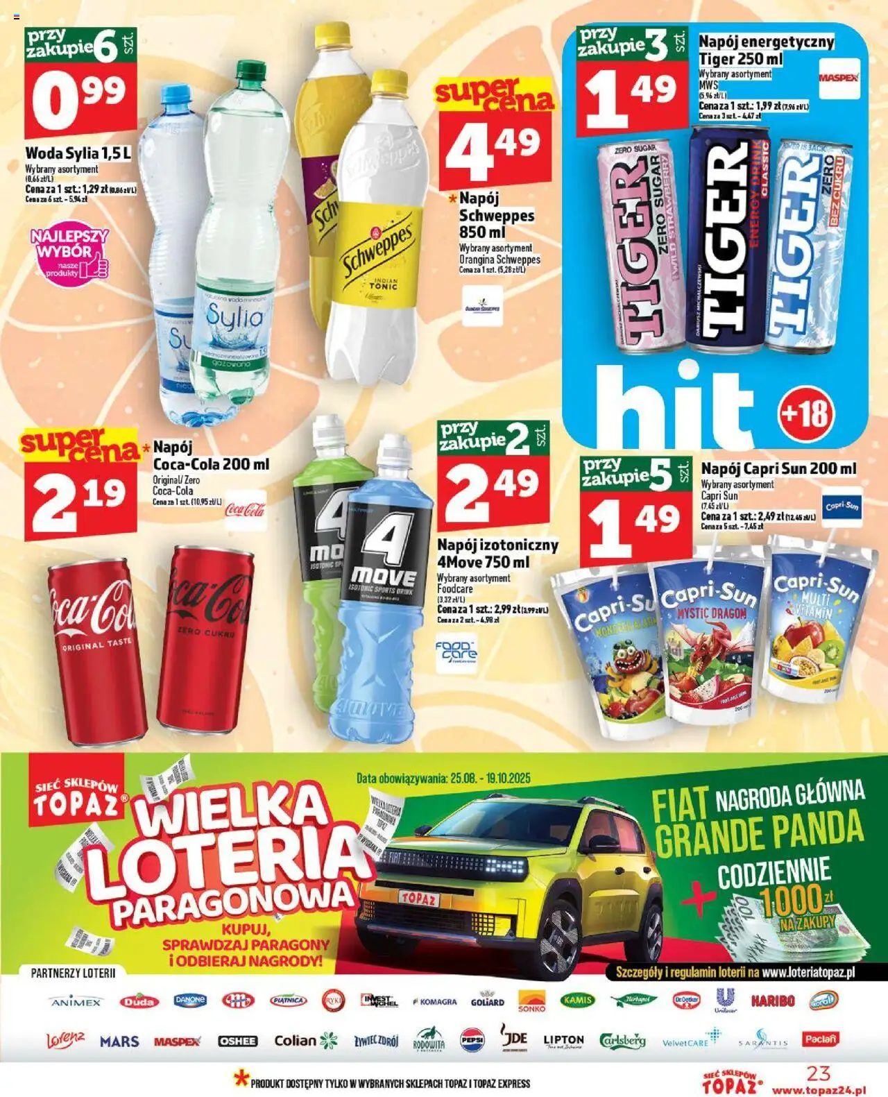 Topaz Gazetka - Ceny małe na stałe od 02.10.2025 | Strona: 23 | Produkty: Pepsi, Coca cola, Woda