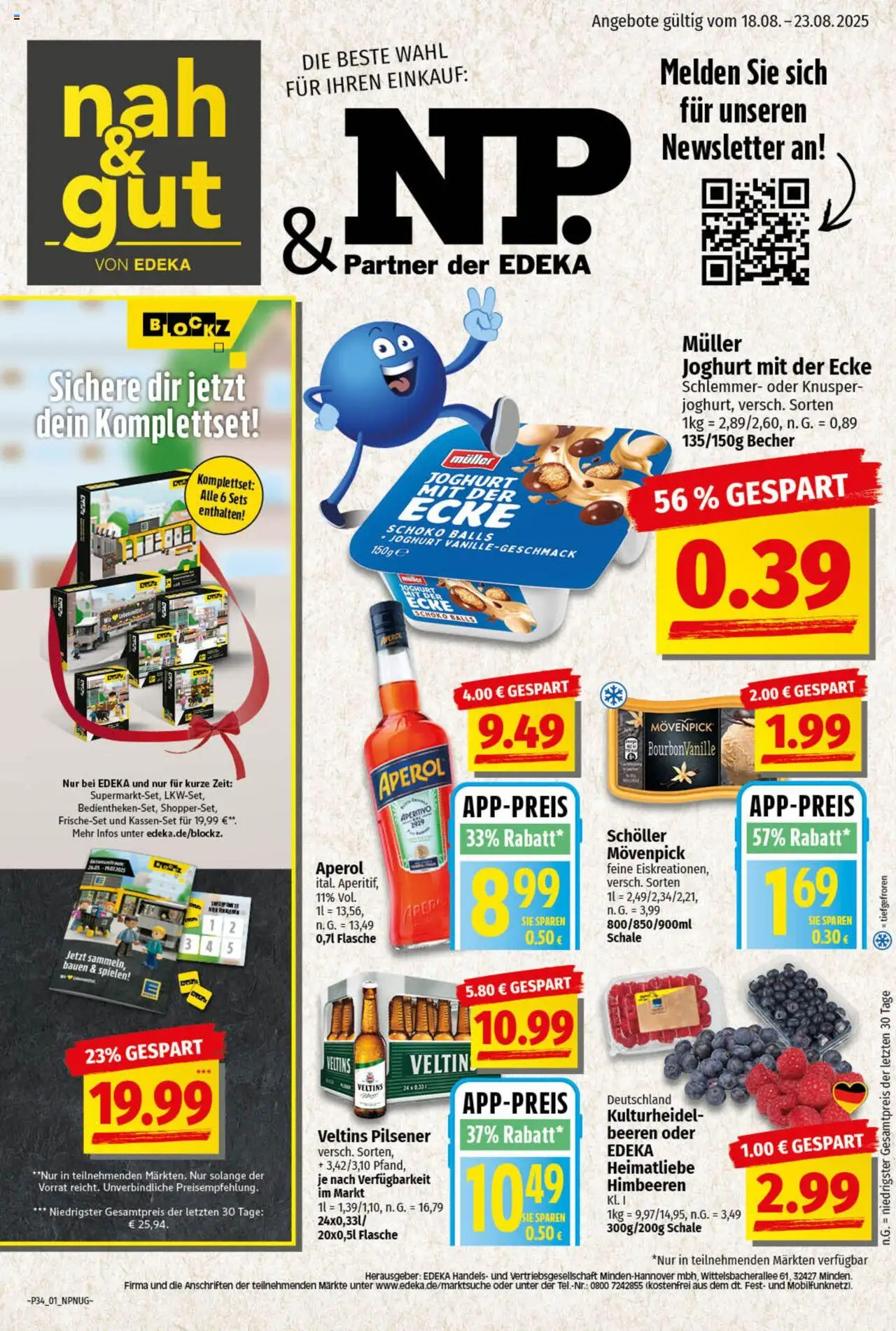 NP Discount Prospekt 	 - gültig ab dem 18.08.2025 | Seite: 1 | Produkte: Himbeeren, Joghurt, Aperol, Veltins
