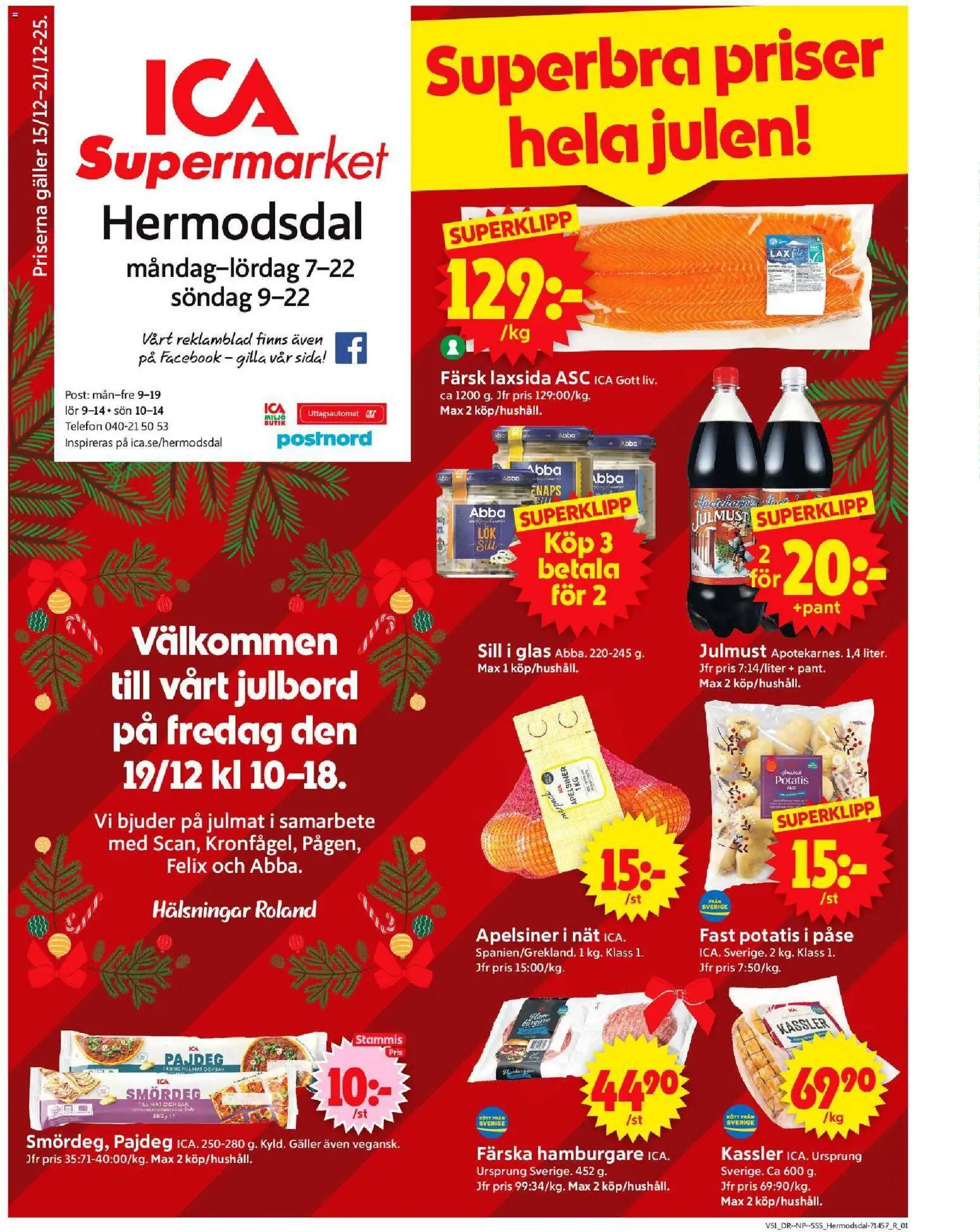 ICA Supermarket reklamblad aktuell från 15.12.2025 | Sida: 1 | Produkter: Hamburgare, Sill, Lax, Telefon