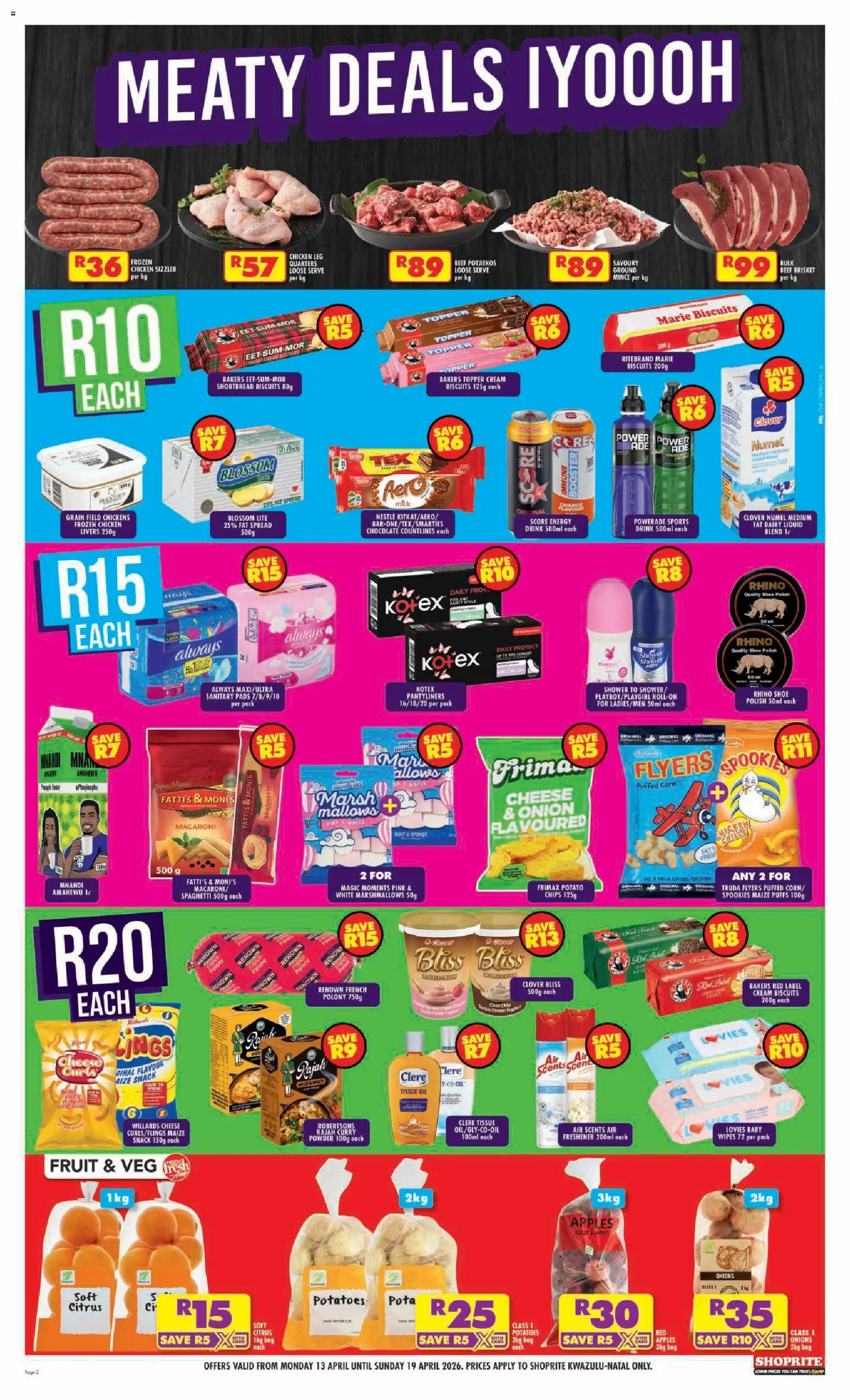 New Shoprite catalogue – valid from 13.04.2026 | Page: 2 | Products: Tissue oil, Lock, Milk, Chocolate