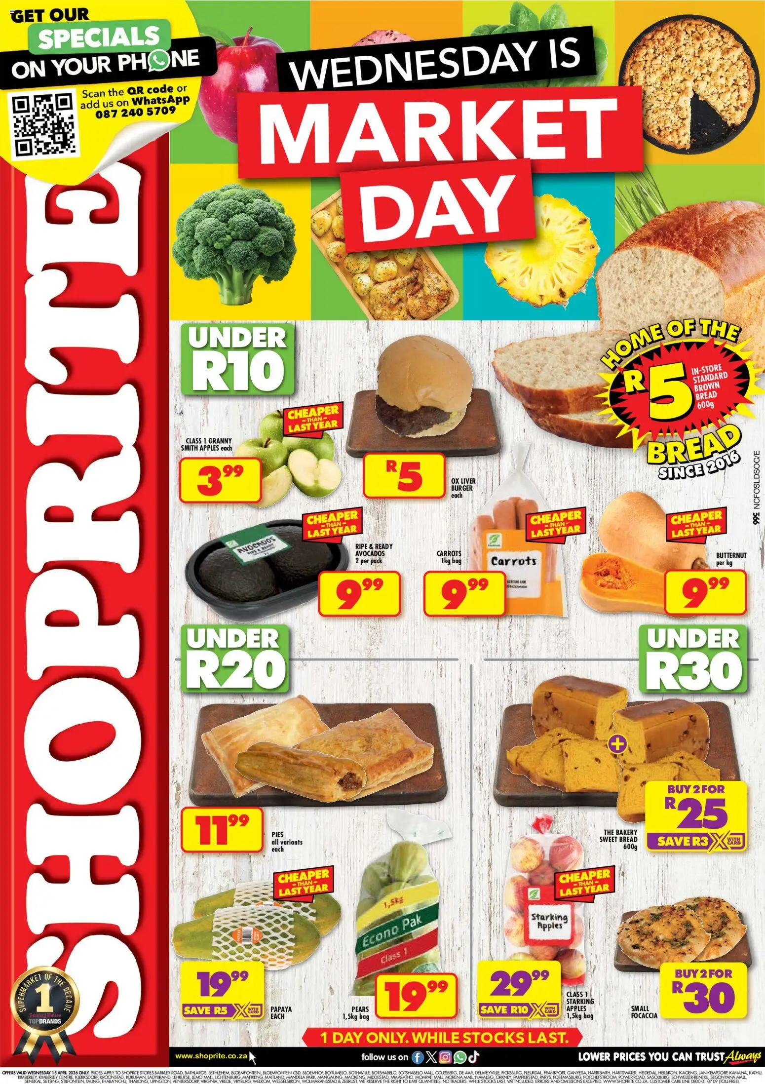 New Shoprite catalogue – valid from 15.04.2026 | Page: 1 | Products: Pears, Phone, Bag, Bakery
