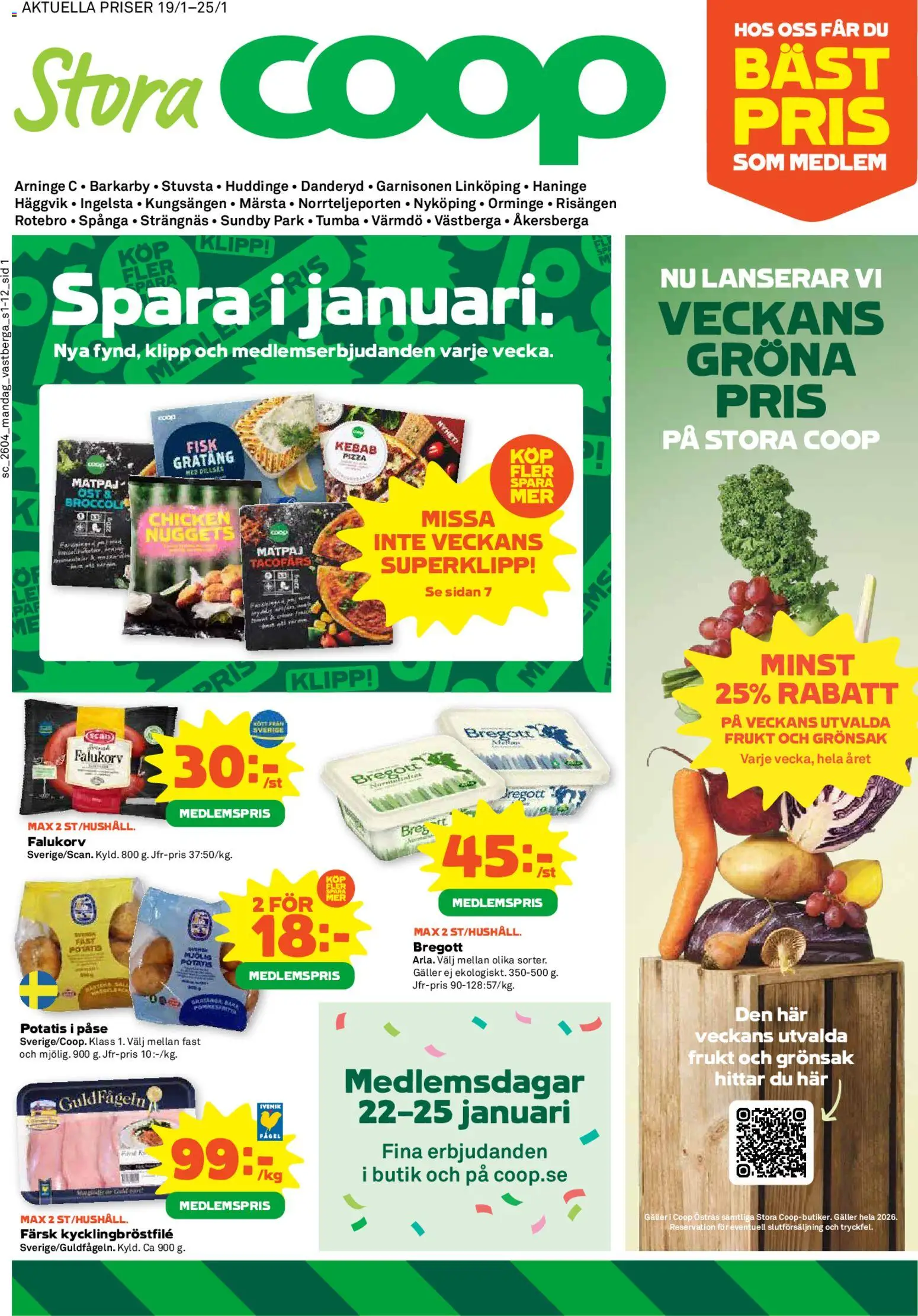 Coop Forum reklamblad aktuell från 19.01.2026 | Sida: 1 | Produkter: Falukorv, Bregott, Ost, Potatis