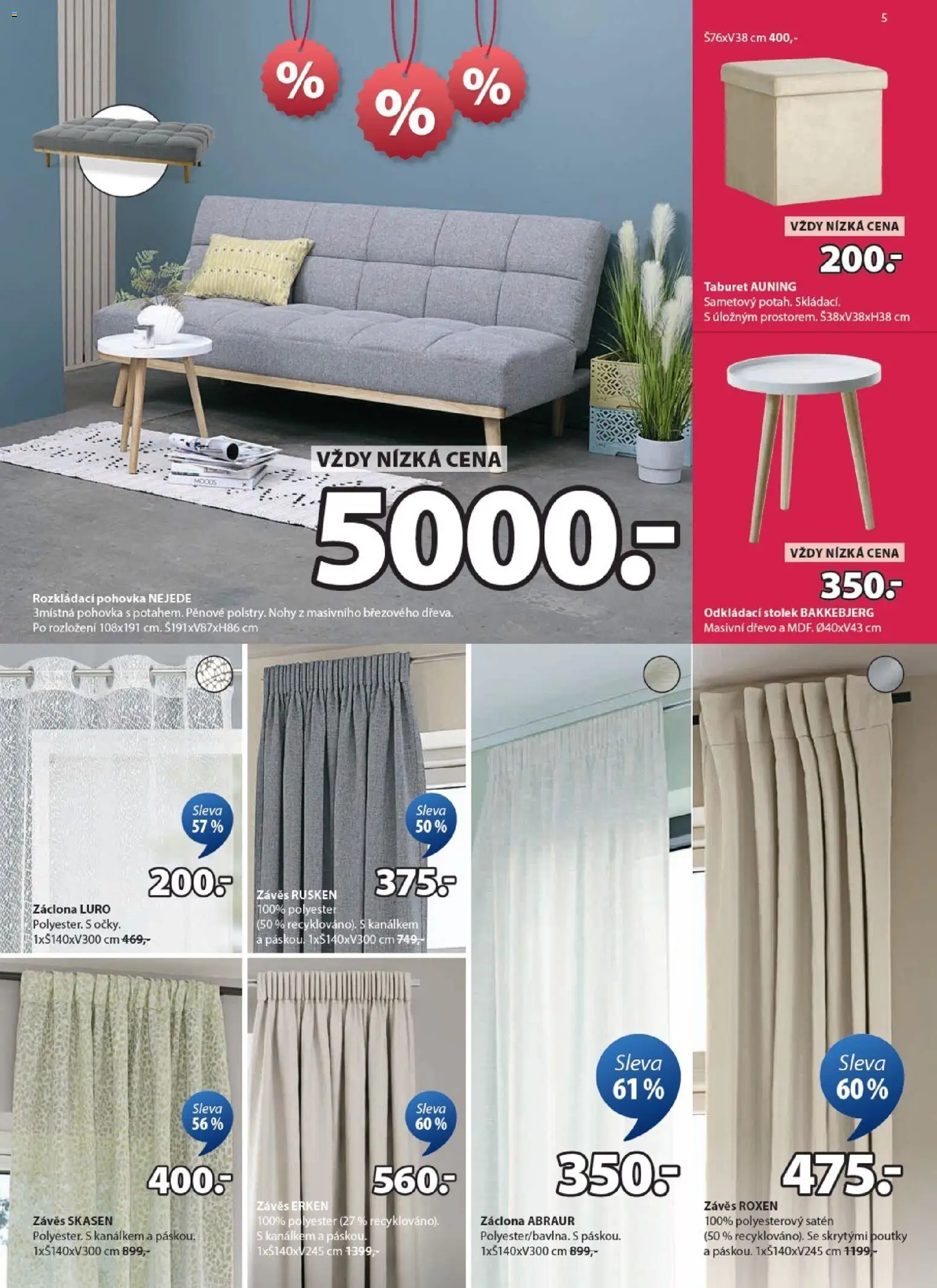 JYSK leták - Výprodej od 12.01.2026 | Strana: 5 | Produkty: Rozkládací pohovka, Odkládací stolek, Pohovka, Stolek
