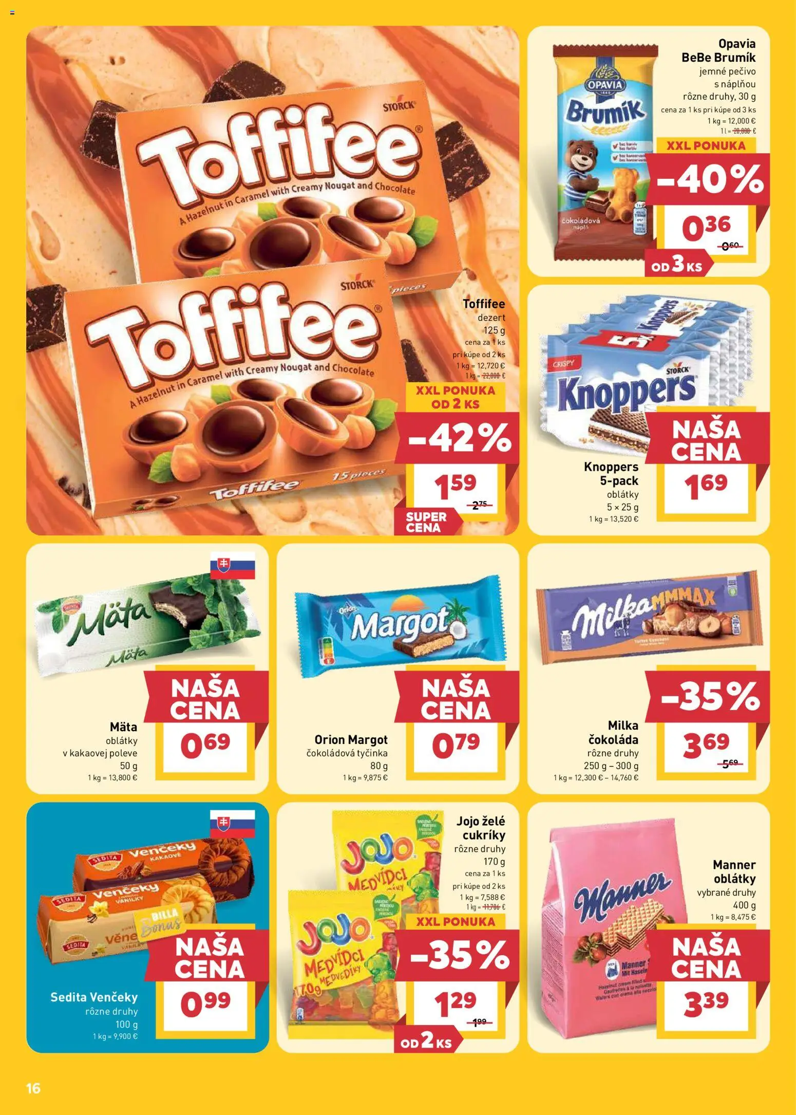 Nové Billa akcie – leták je platný od 22.04.2026 | Strana: 16 | Produkty: Čokoláda, Toffifee, Cukríky, Milka