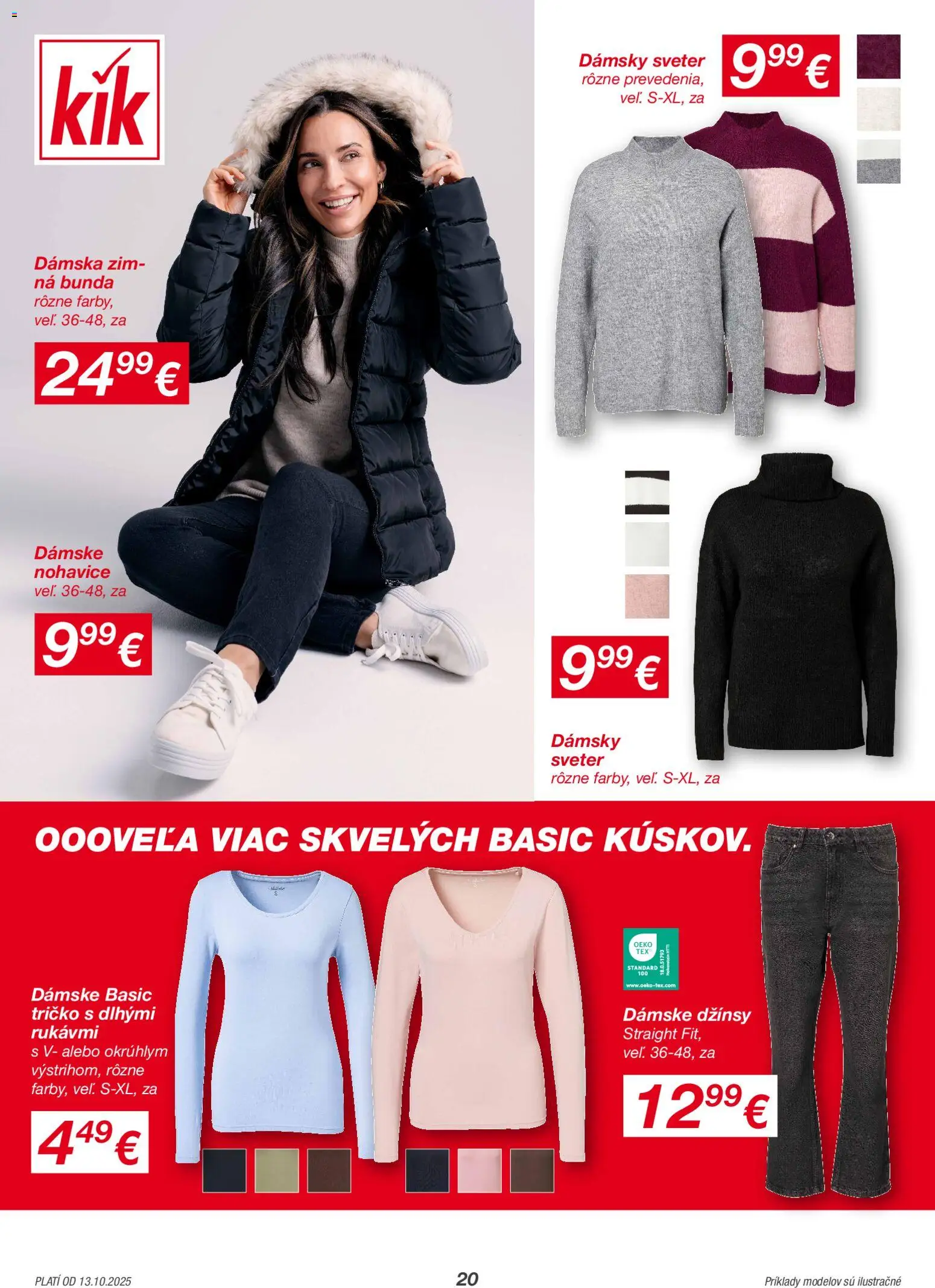 Nové Kik akcie – leták je platný od 13.10.2025 | Strana: 20 | Produkty: Tričko, Sveter, Bunda, Nohavice