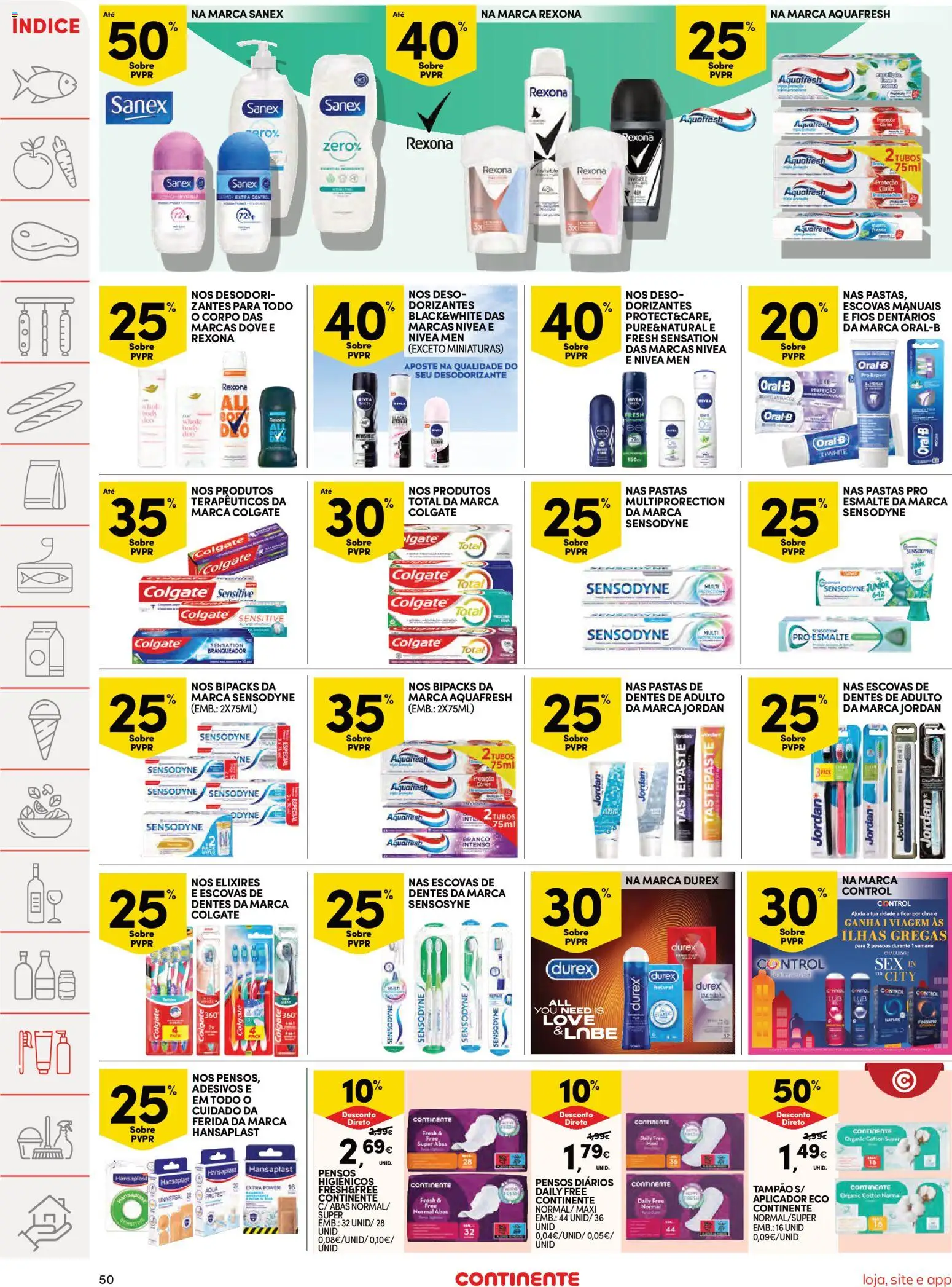 Continente Semanal Continente Bom Dia │ válido de 24.03.2026 | Página: 50 | Produtos: Pensos higiénicos, Desodorizante