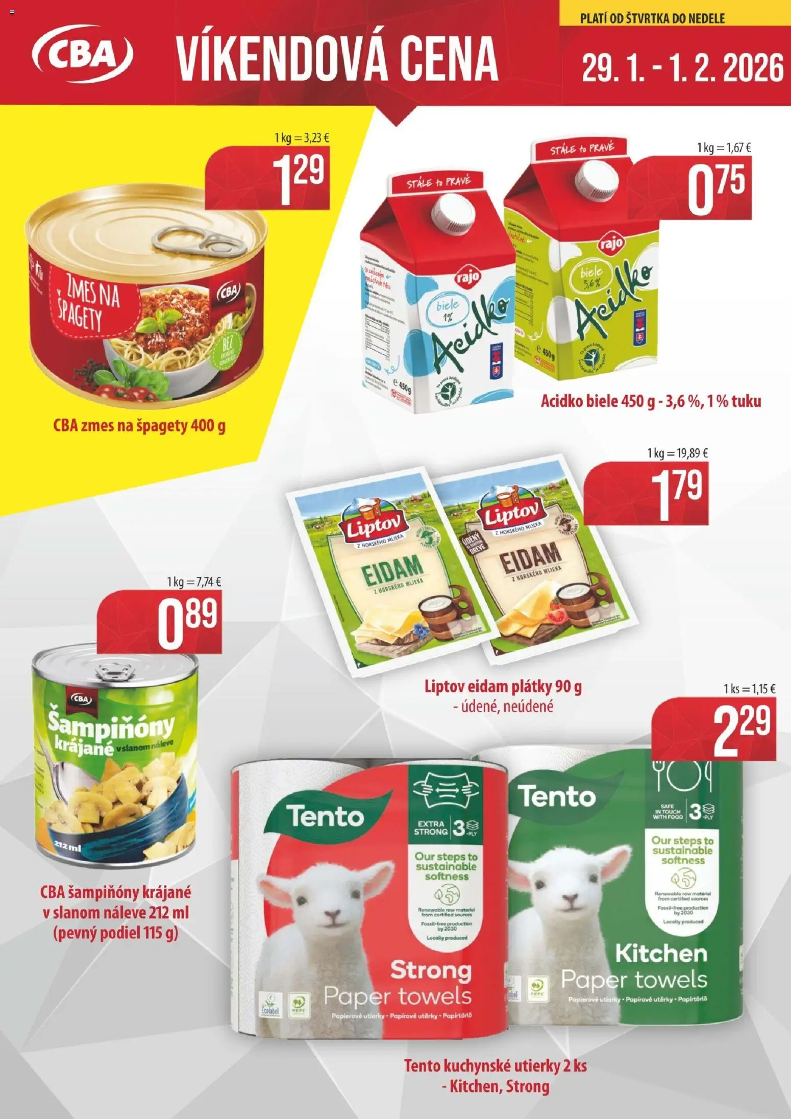 Nové KARMEN CBA akcie – leták je platný od 29.01.2026 | Strana: 1 | Produkty: Eidam, Acidko, Raid, Špagety