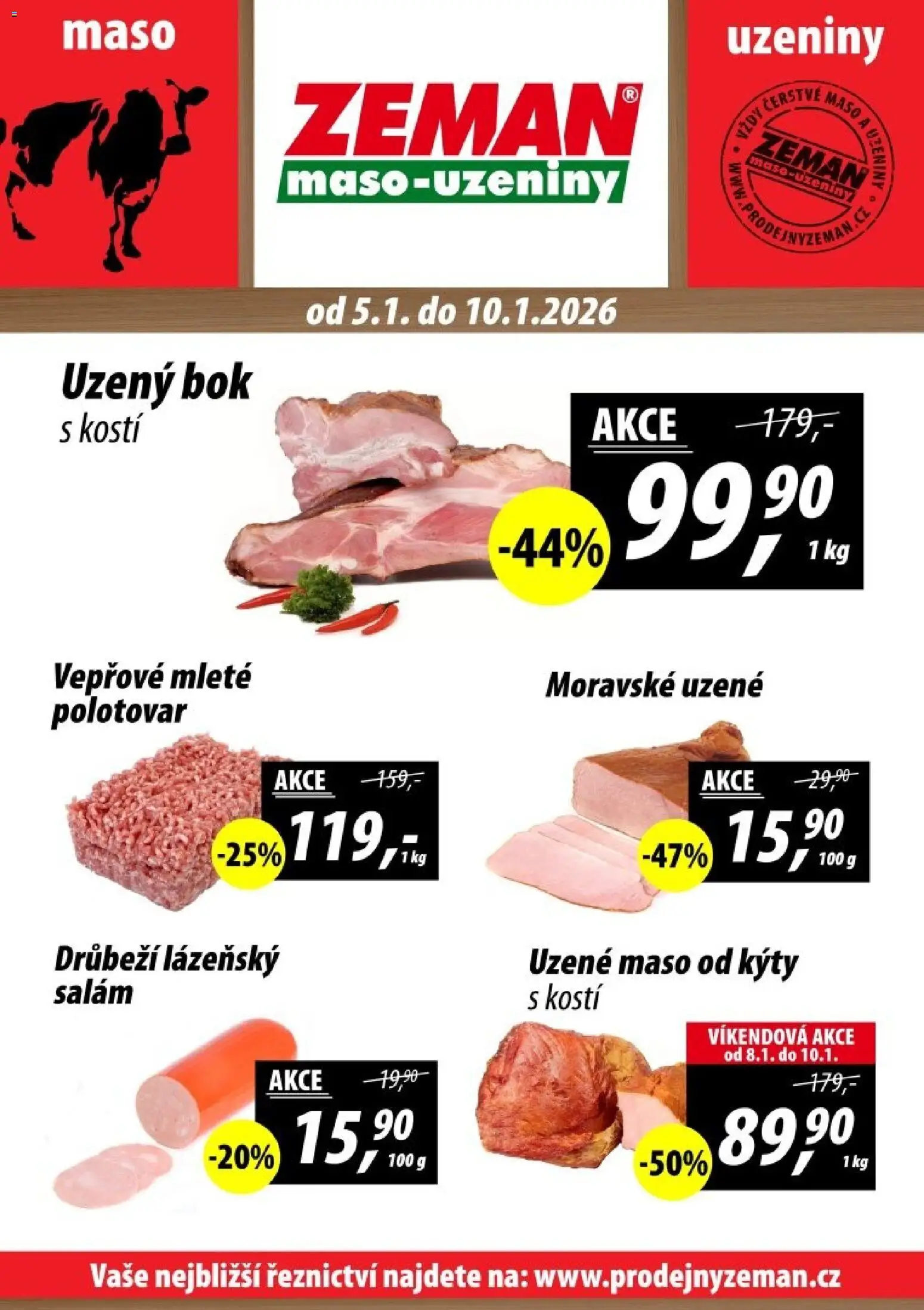 Prodejny Zeman leták - Plzeň od 05.01.2026 | Strana: 1 | Produkty: Salám, Uzeniny, Moravské uzené, Maso