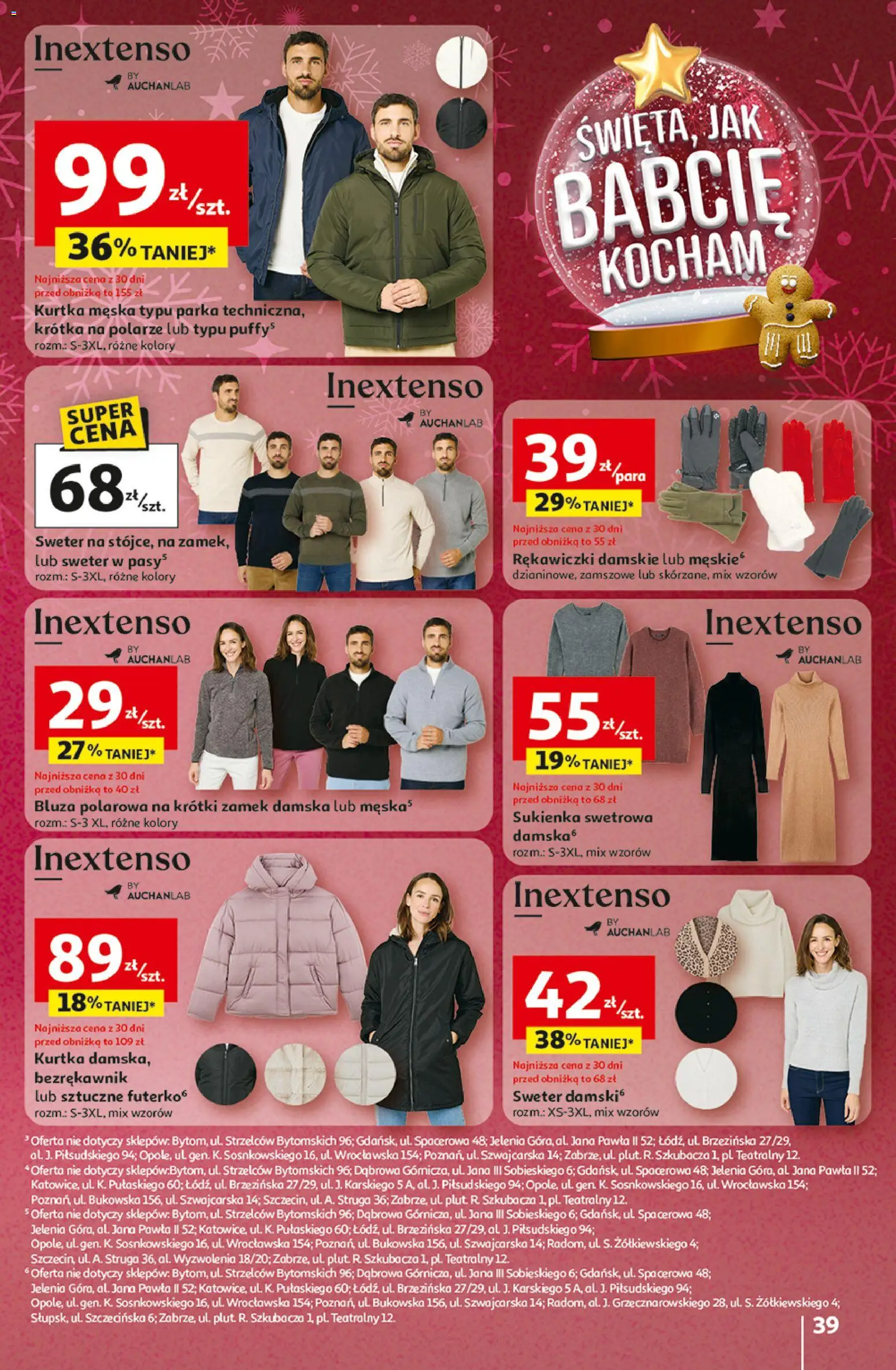 Auchan Gazetka - Święta jak babcię kocham Hipermarket od 11.12.2025 | Strona: 39 | Produkty: Bezrękawnik, Kurtka, Rękawiczki, Sukienka