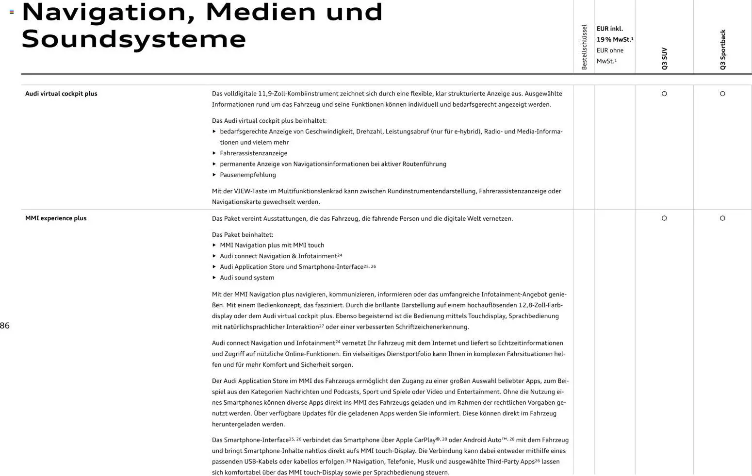 Audi Q3 – gültig ab 29.01.2026 | Seite: 86 | Produkte: Spiel, Navigation, Smartphones, Smartphone