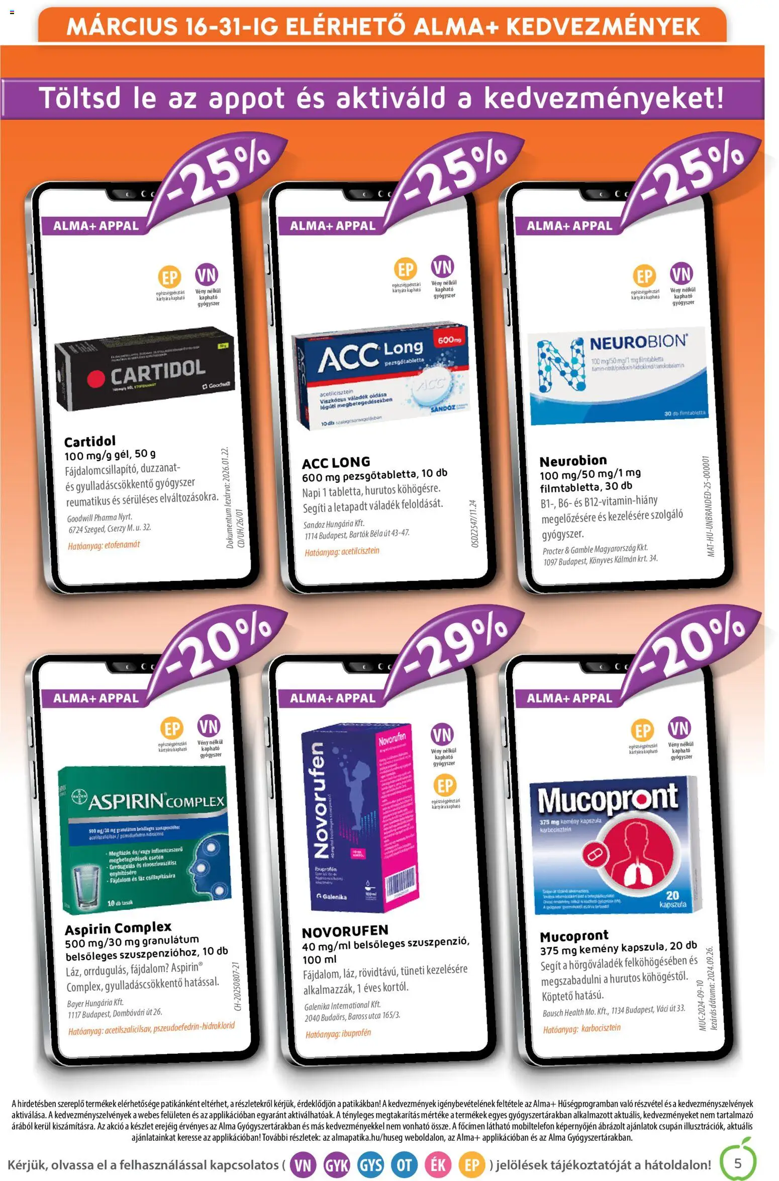Alma Gyógyszertárak akciós ujság - amely érvényes a következő dátumtól: 01.03.2026 | Oldal: 5 | Termékek: Pezsgőtabletta, Alma