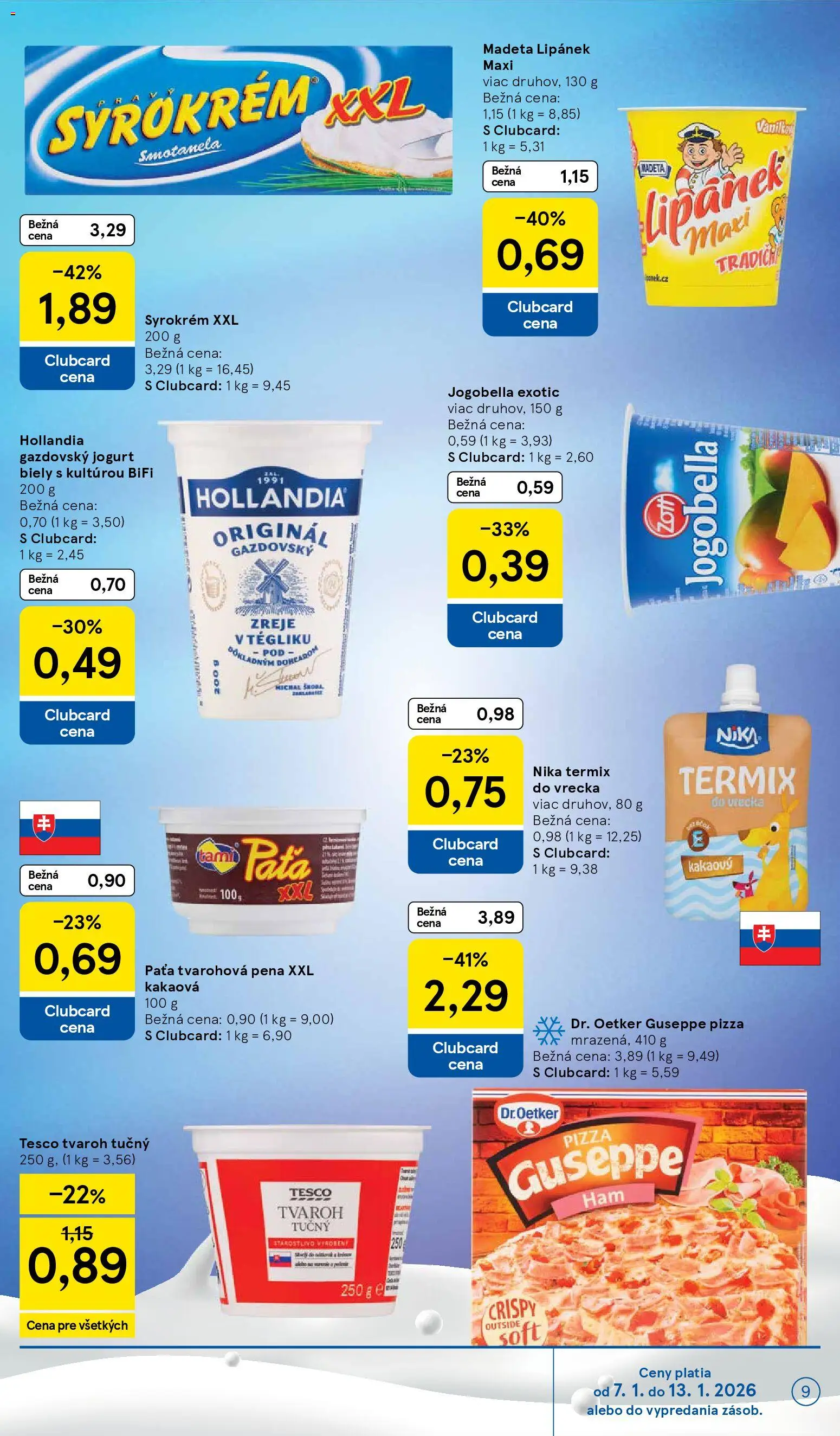 Nové Tesco akcie – leták je platný od 07.01.2026 | Strana: 9 | Produkty: Jogurt, Pizza, Tvaroh