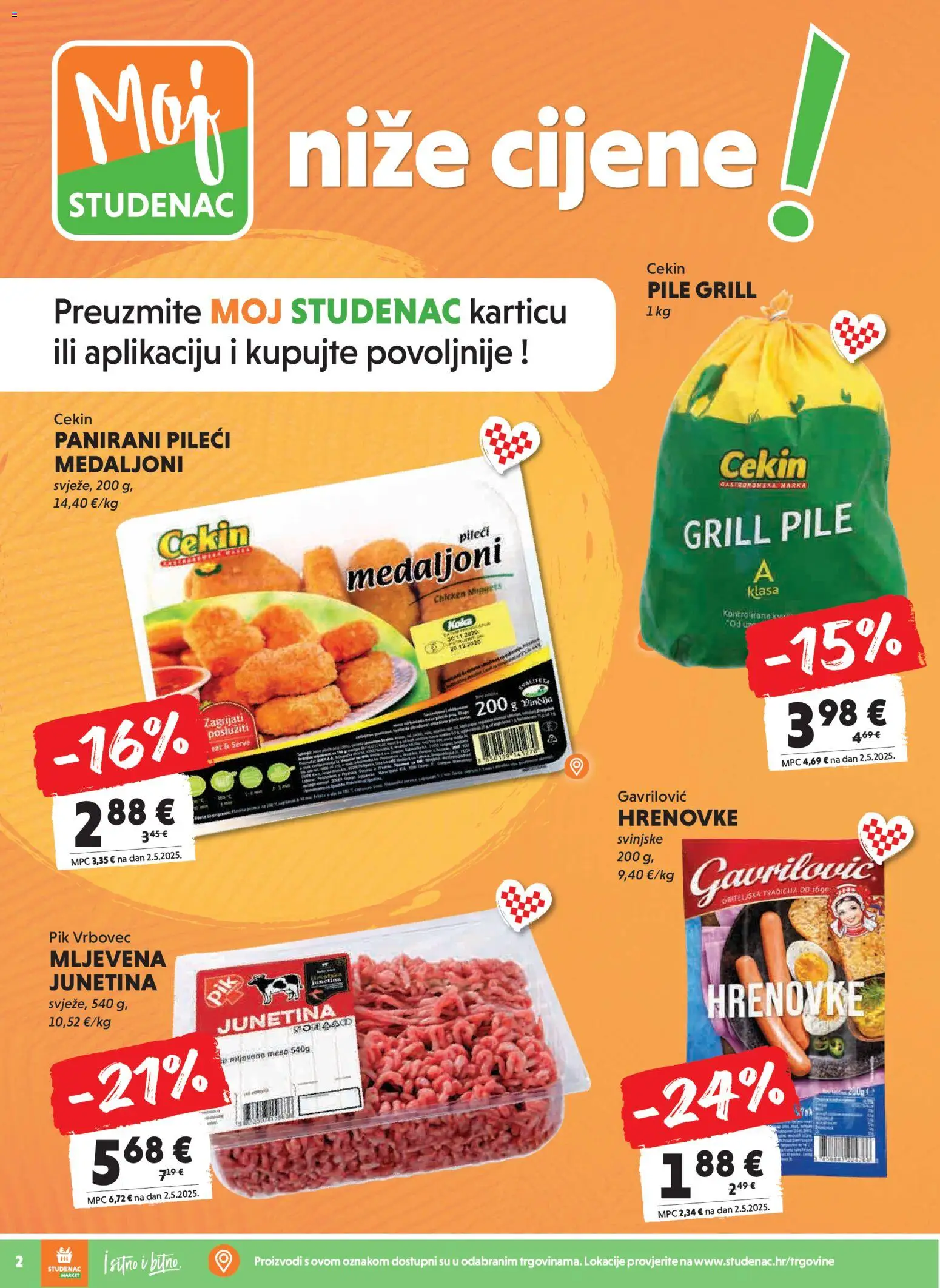 Studenac katalog | vrijedi od 25.02.2026 | Stranica: 2 | Proizvodi: Pileći medaljoni, Meso, Hrenovke, Pik Vrbovec